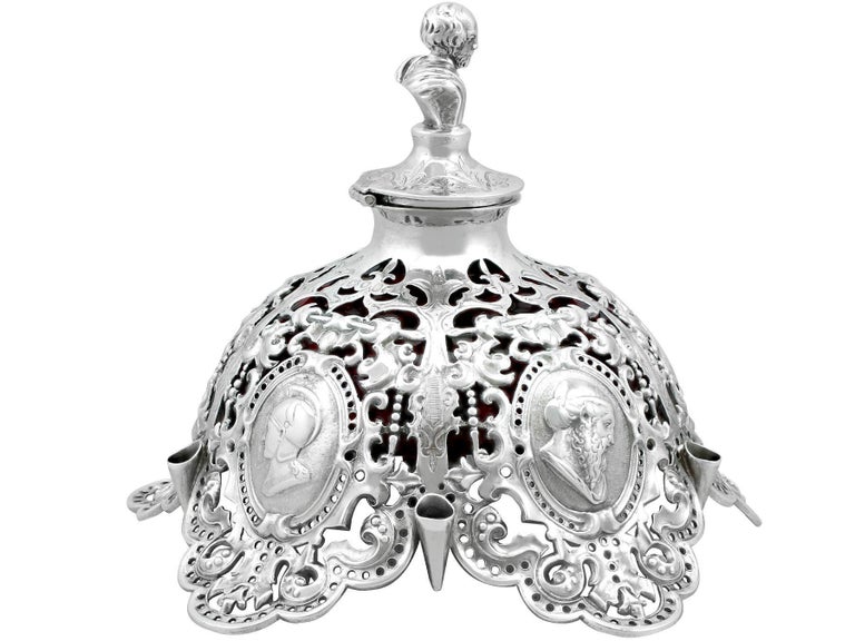 Mid-19th Century Antique Victorian Sterling Silver and Cranberry Glass Inkwell For Sale