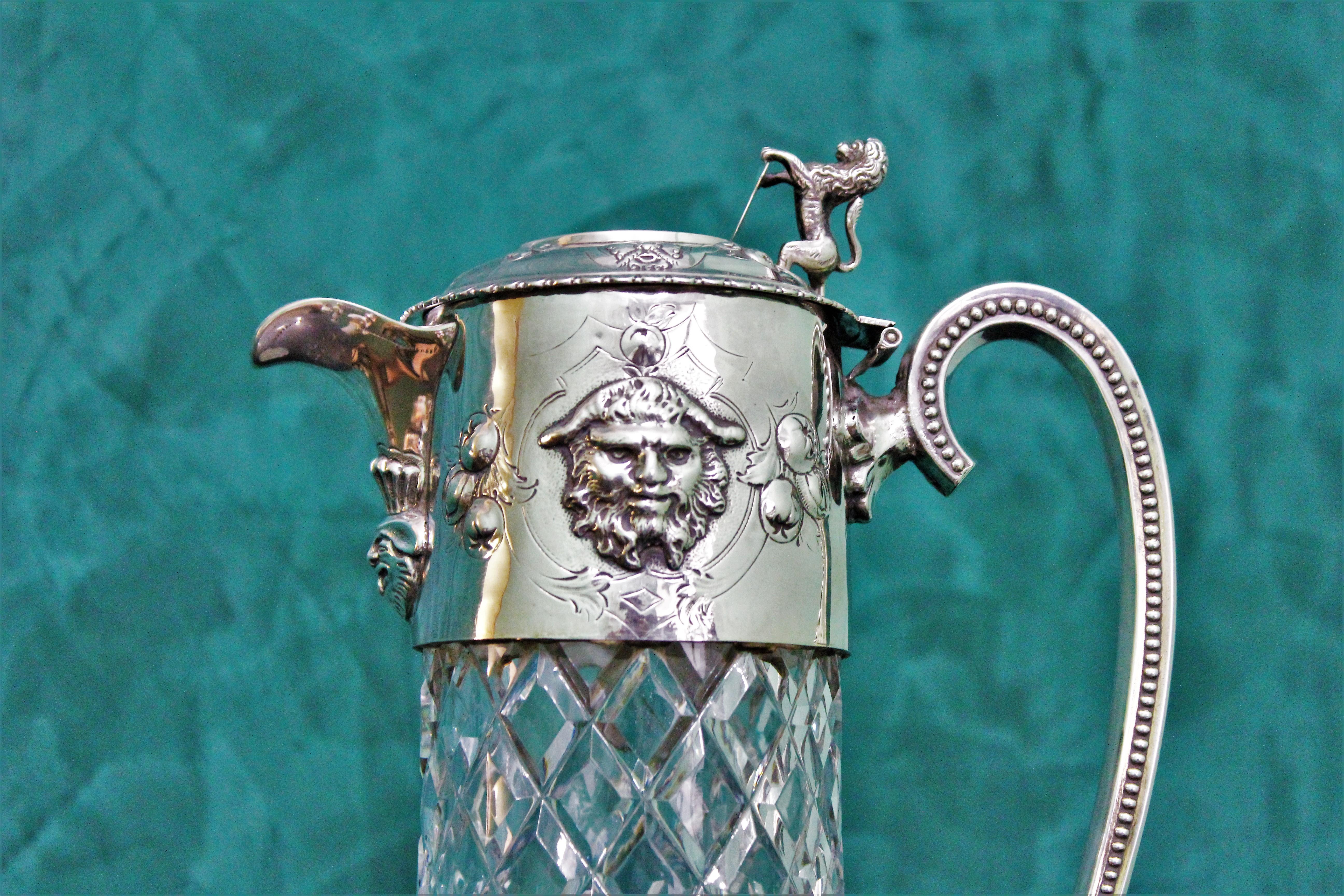 British Antique Victorian Sterling Silver and Crystal Claret Jug England London, 1859