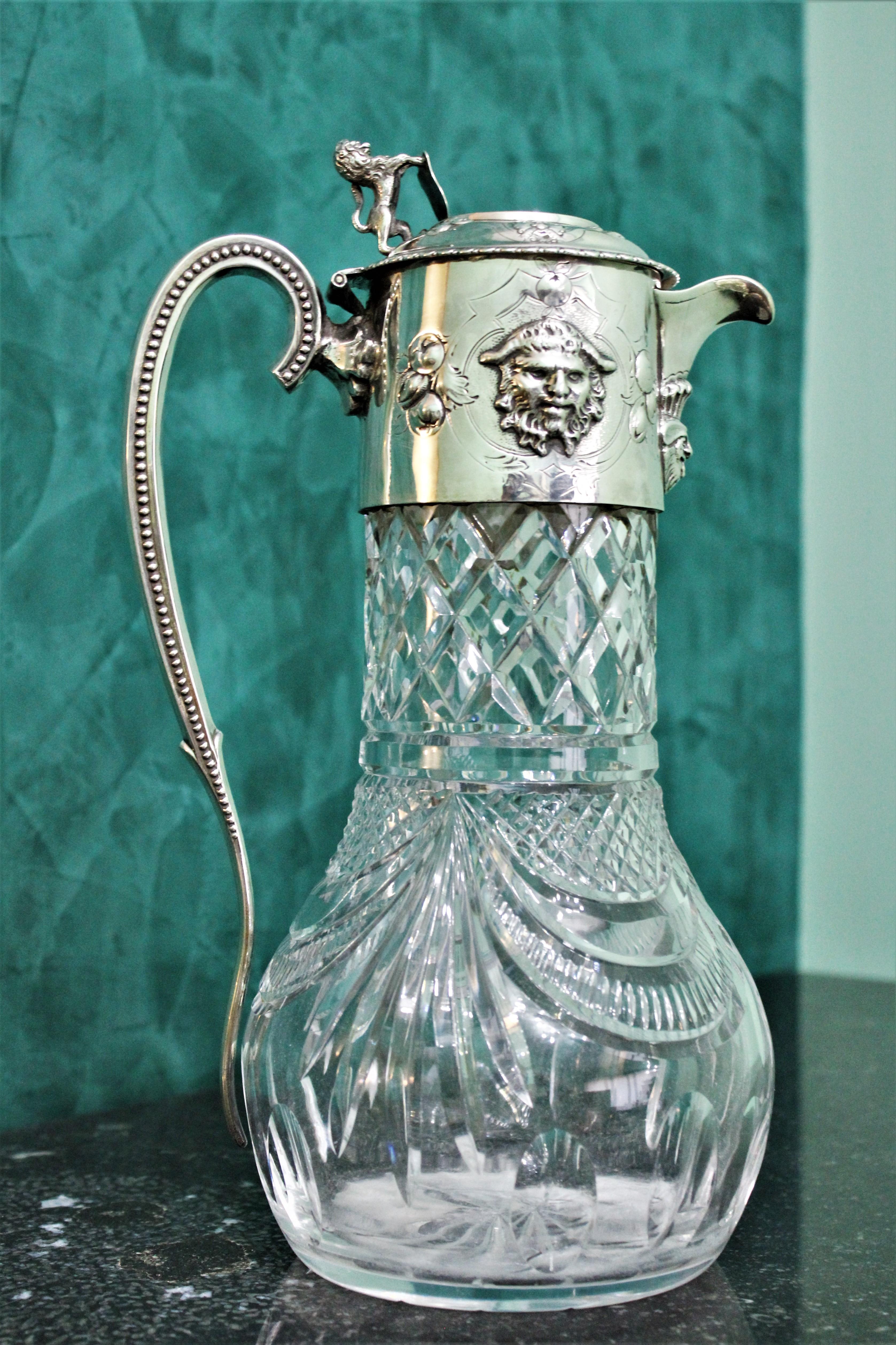 Antique Victorian Sterling Silver and Crystal Claret Jug England London, 1859 1