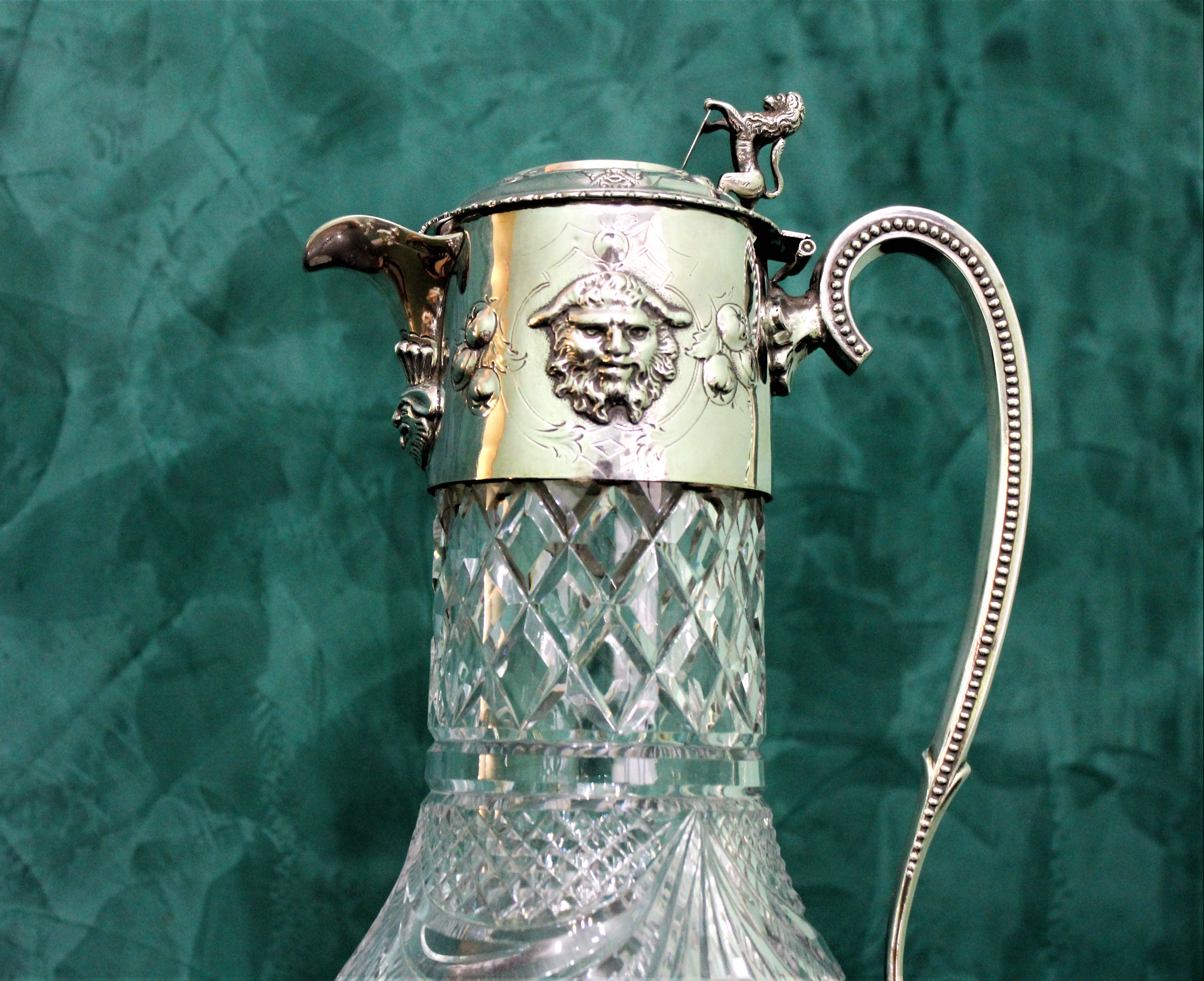 Antique Victorian Sterling Silver and Crystal Claret Jug England London, 1859 3