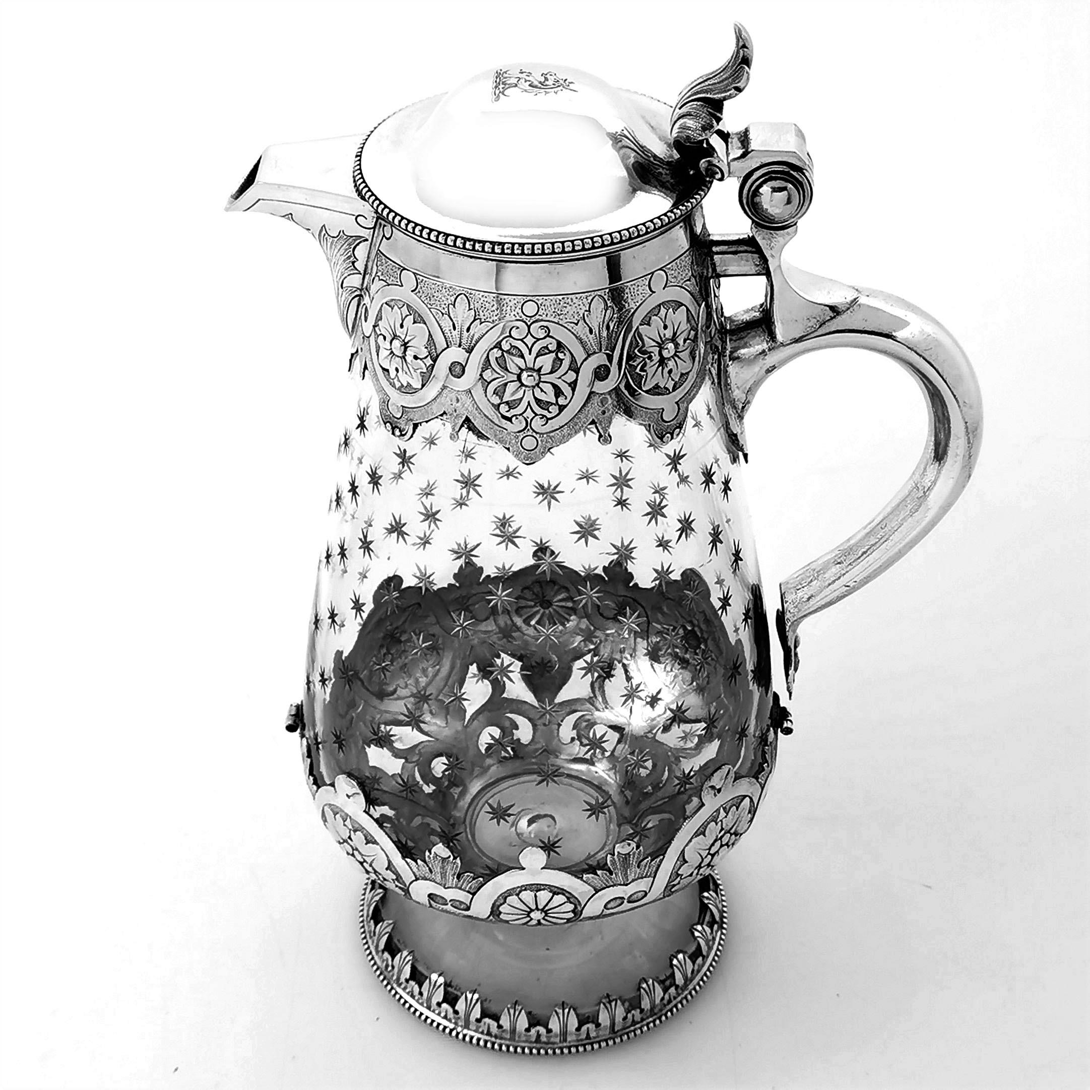 English Antique Victorian Sterling Silver and Cut Glass Claret Jug / Wine Decanter, 1881