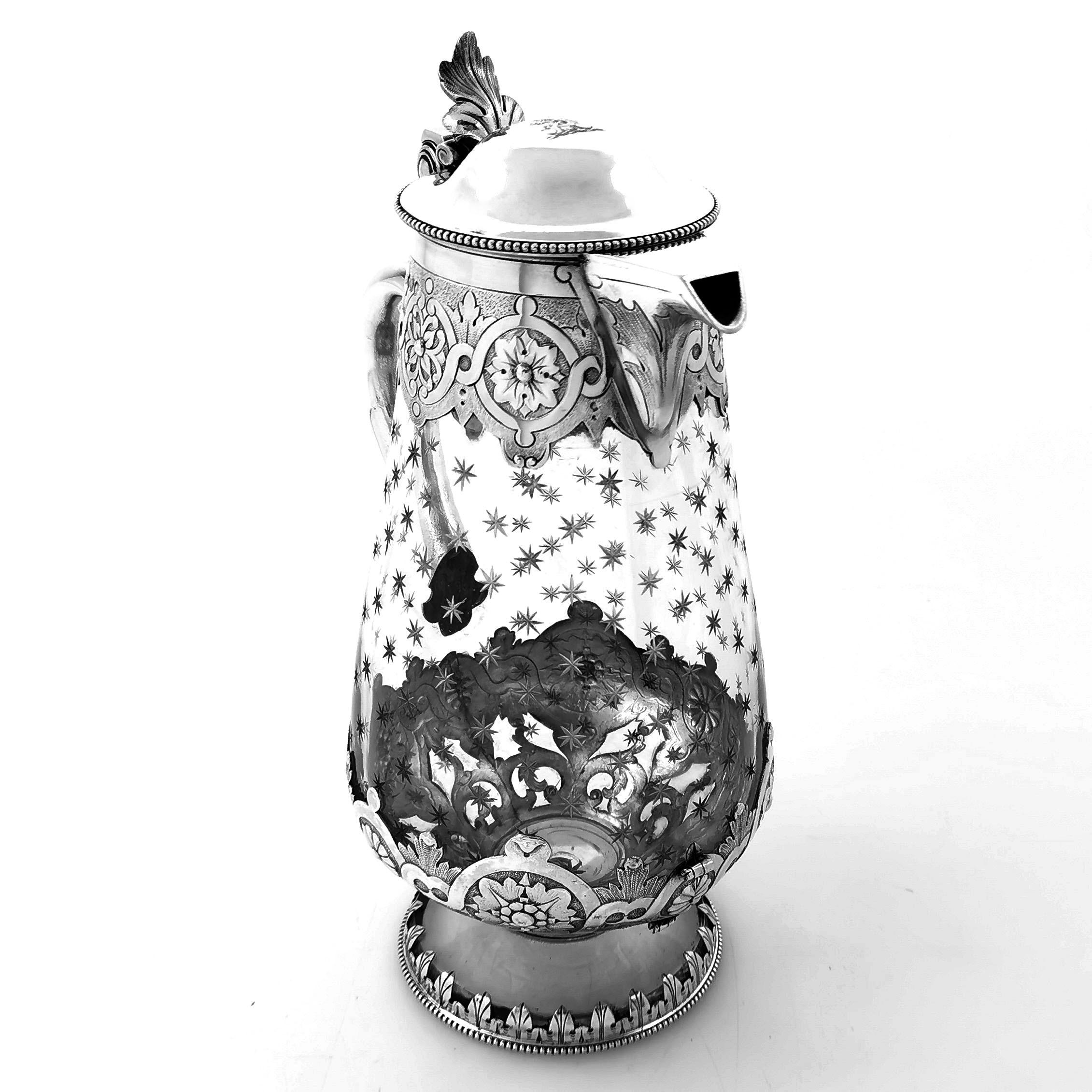 Antique Victorian Sterling Silver and Cut Glass Claret Jug / Wine Decanter, 1881 In Good Condition In London, GB