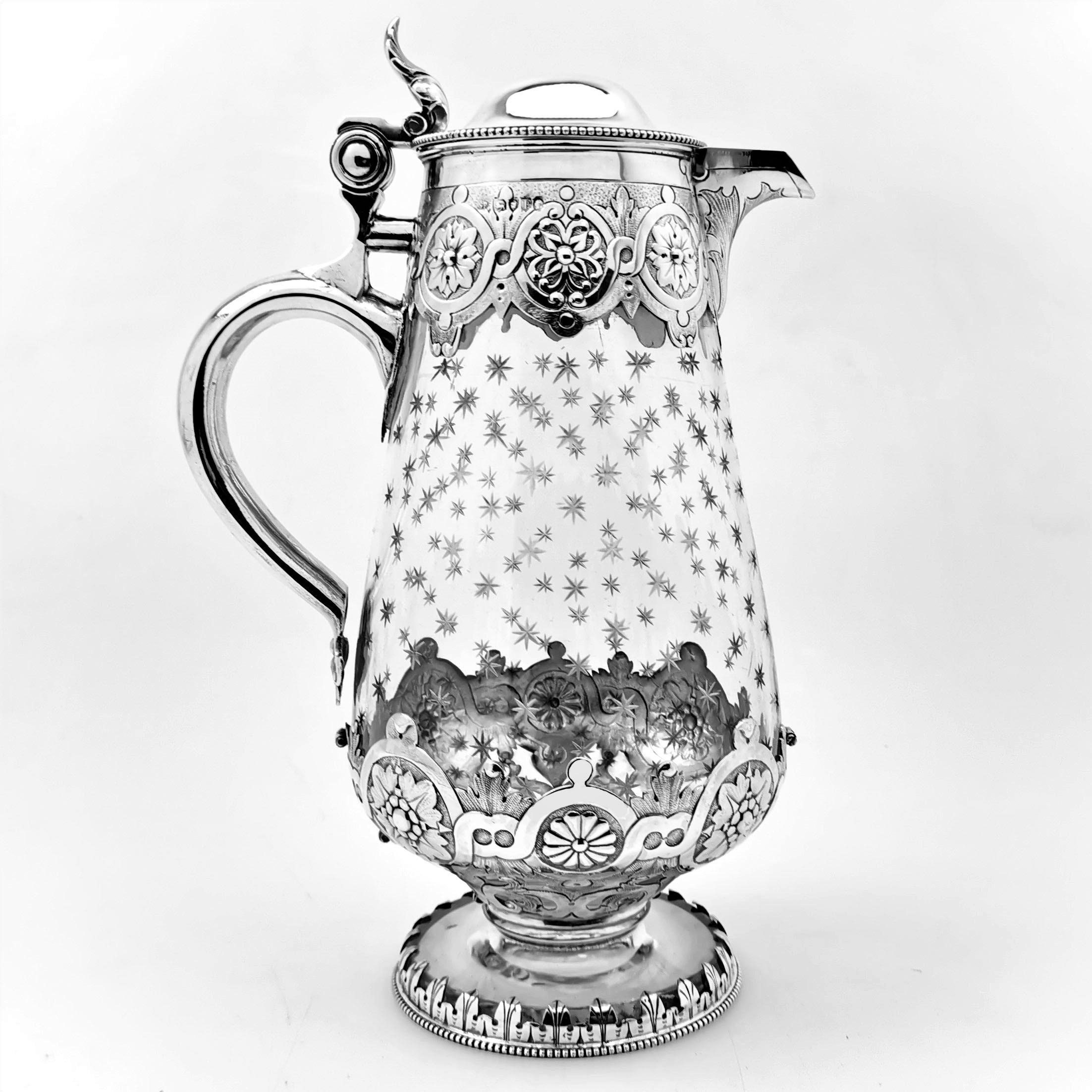 Antique Victorian Sterling Silver and Cut Glass Claret Jug / Wine Decanter, 1881 2