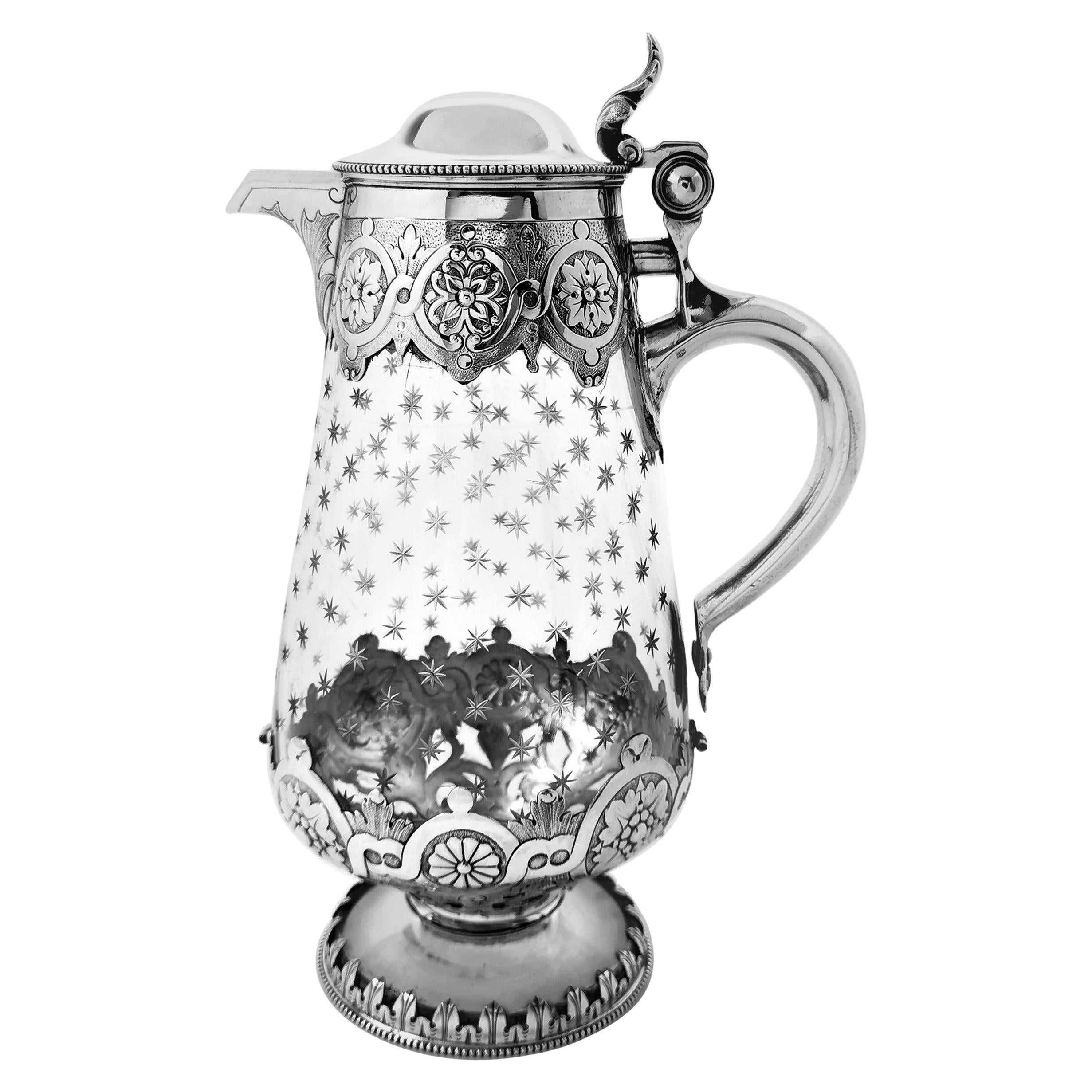 Antique Victorian Sterling Silver and Cut Glass Claret Jug / Wine Decanter, 1881