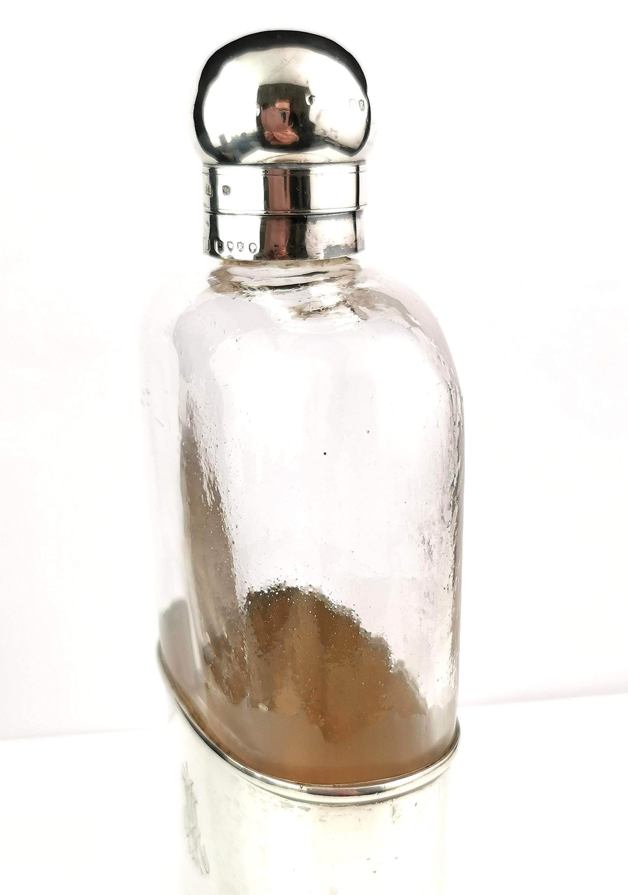 British Antique Victorian sterling silver and glass hip flask  For Sale