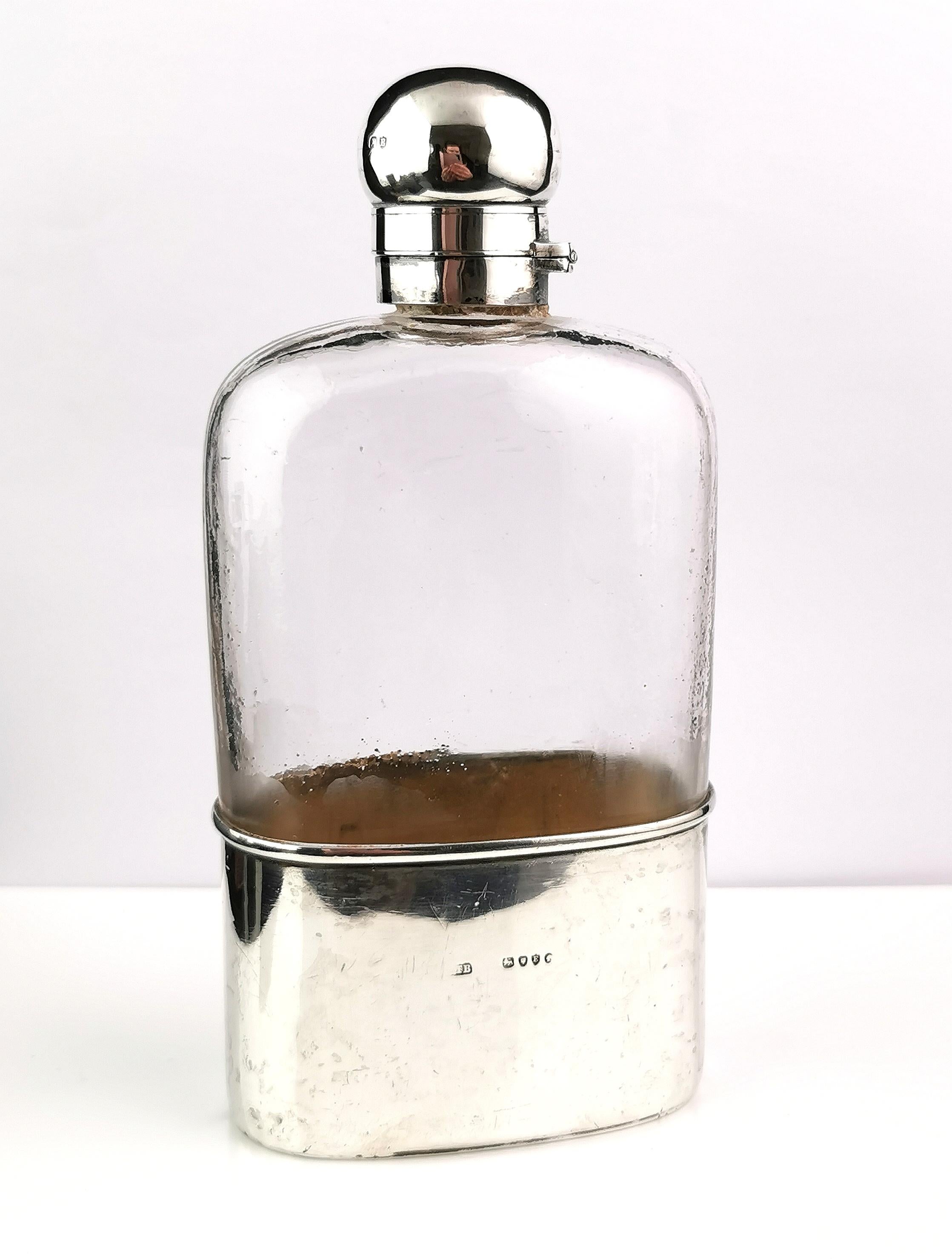 19th Century Antique Victorian sterling silver and glass hip flask  For Sale
