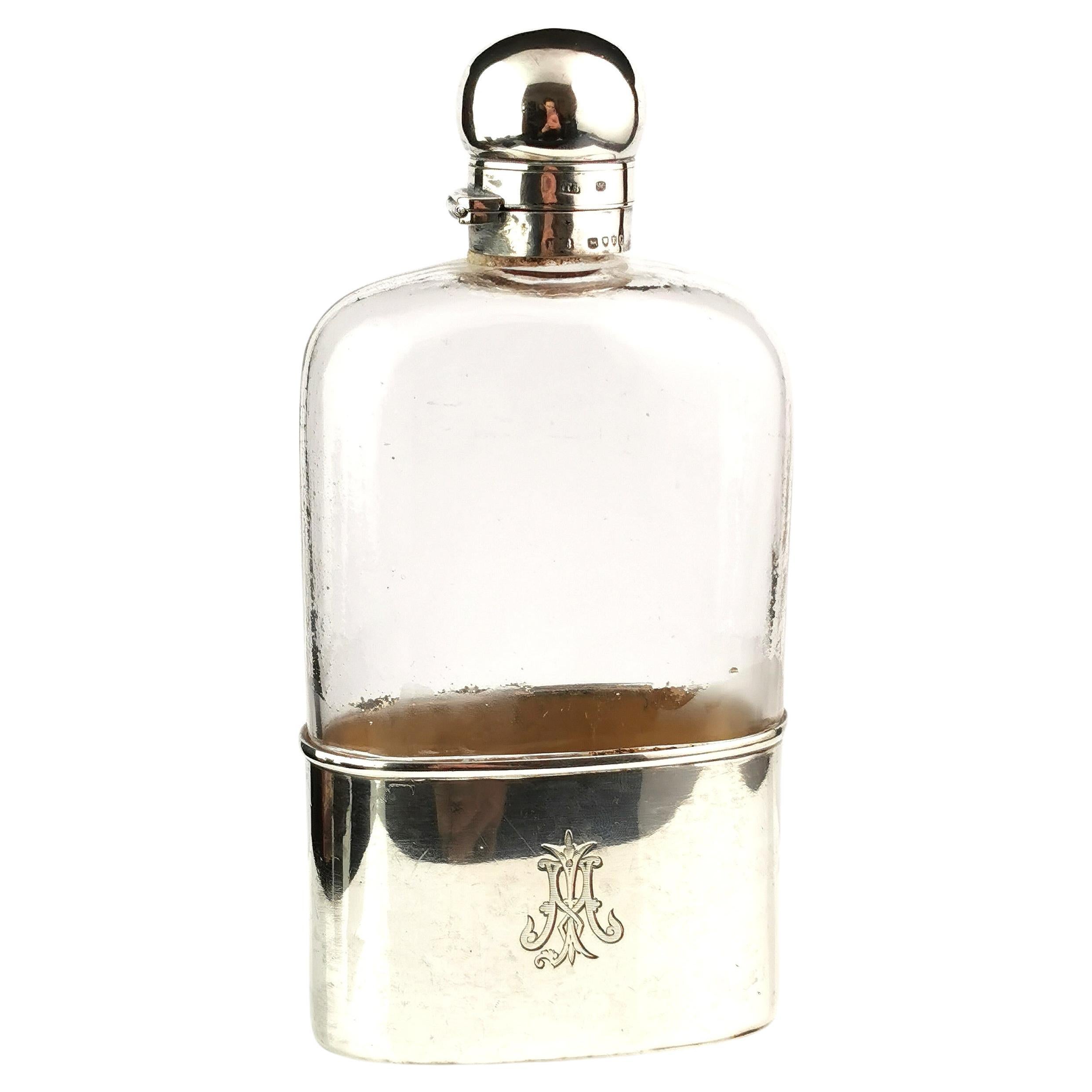Antique Victorian sterling silver and glass hip flask  For Sale
