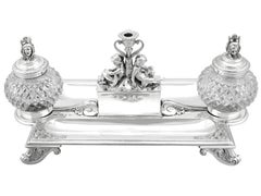 Antique Victorian Sterling Silver and Glass Inkstand / Desk Standish