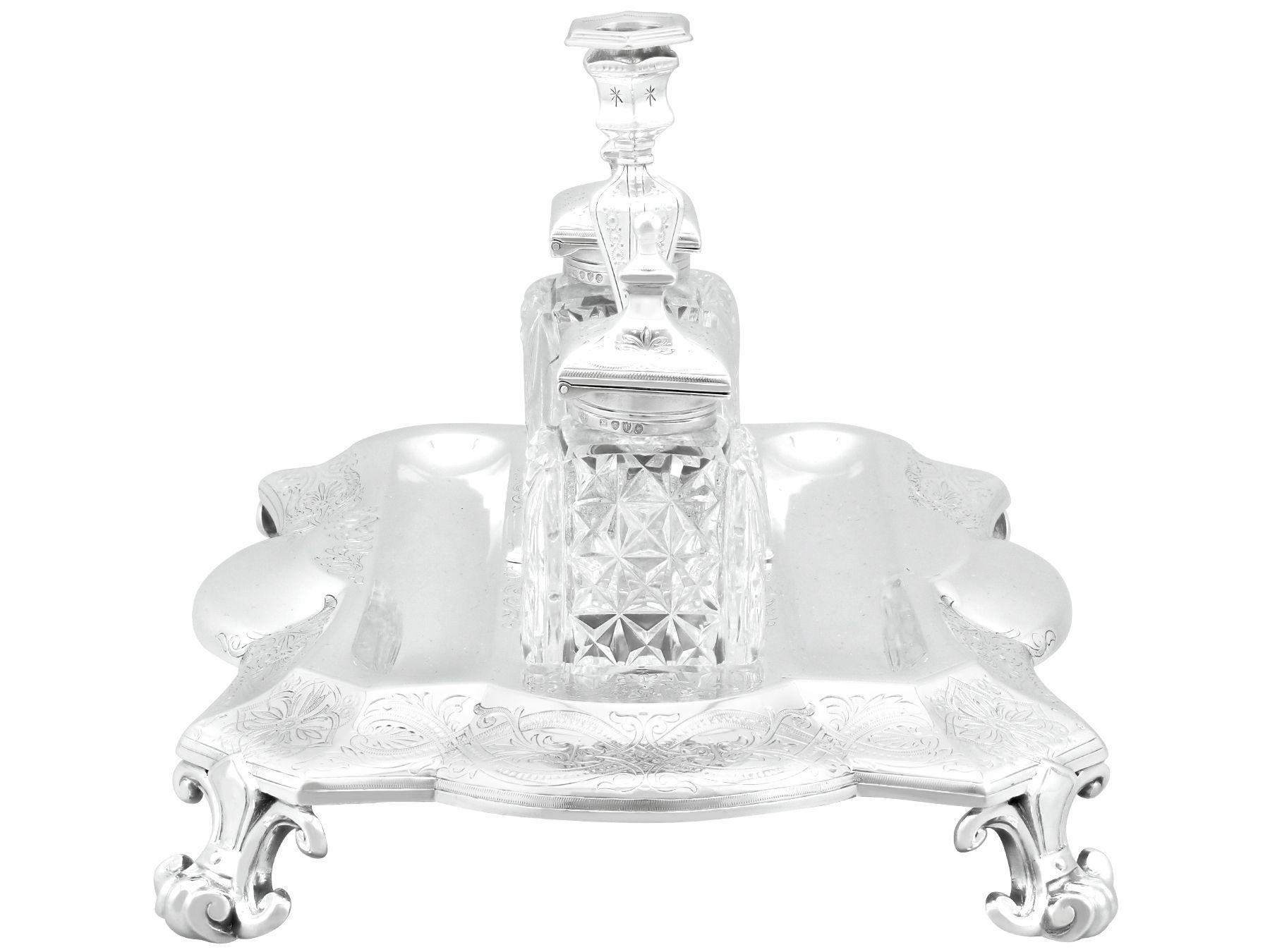 An exceptional, fine and impressive antique Victorian English sterling silver and glass inkstand / desk standish; an addition to our ornamental silverware collection

This magnificent, fine and impressive antique Victorian silver inkstand / desk