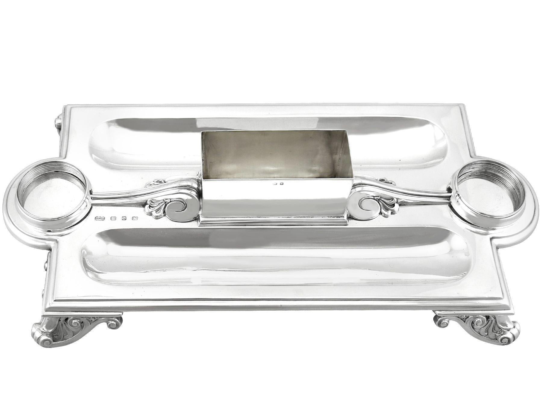 19th Century Antique Victorian Sterling Silver and Glass Inkstand / Desk Standish For Sale