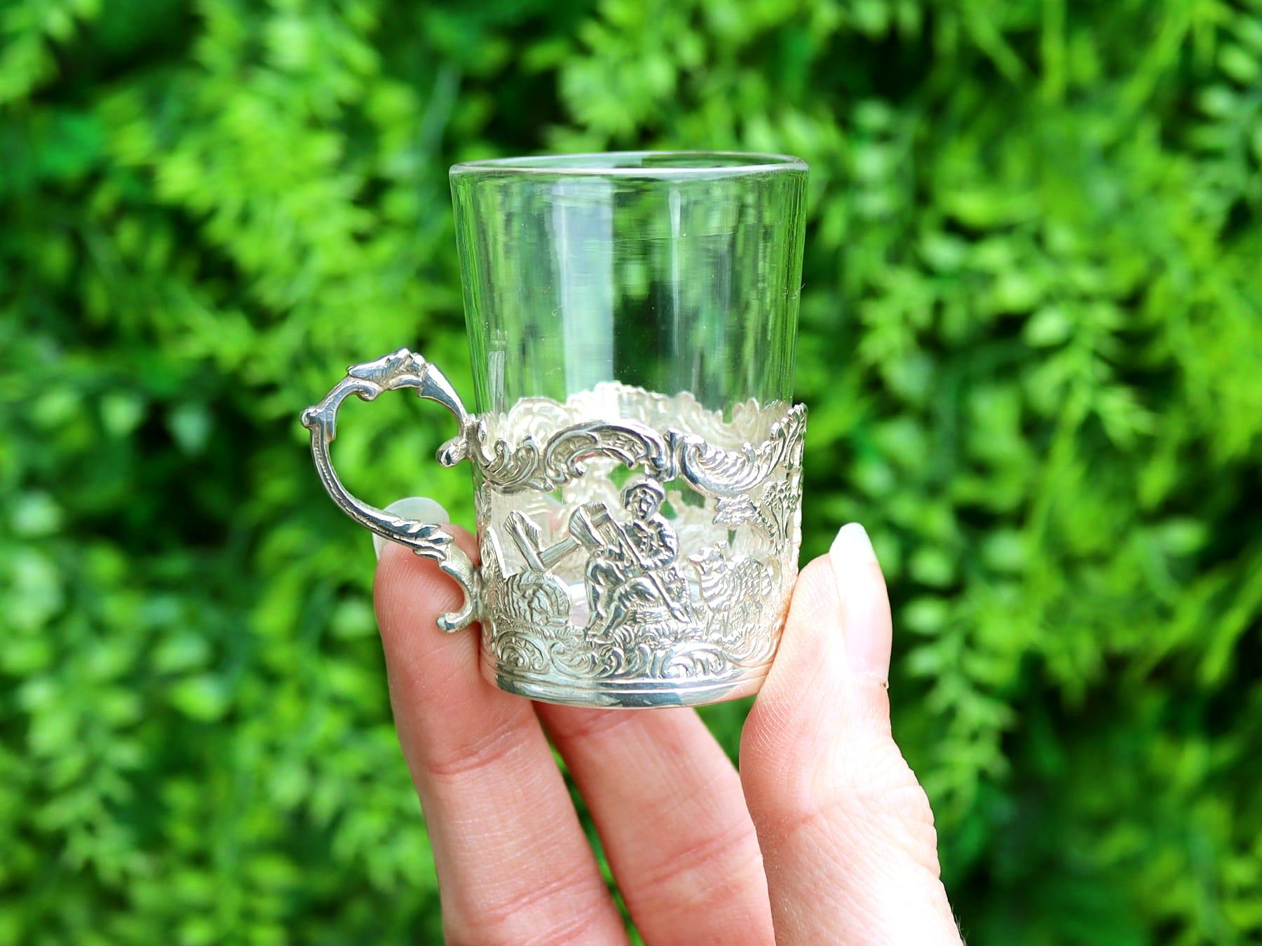 English Antique Victorian Sterling Silver and Glass Tray and Liqueur Glasses For Sale
