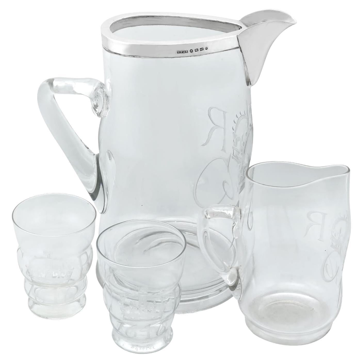 Victorian Sterling Silver and Glass Water Jug with Glass Tumblers