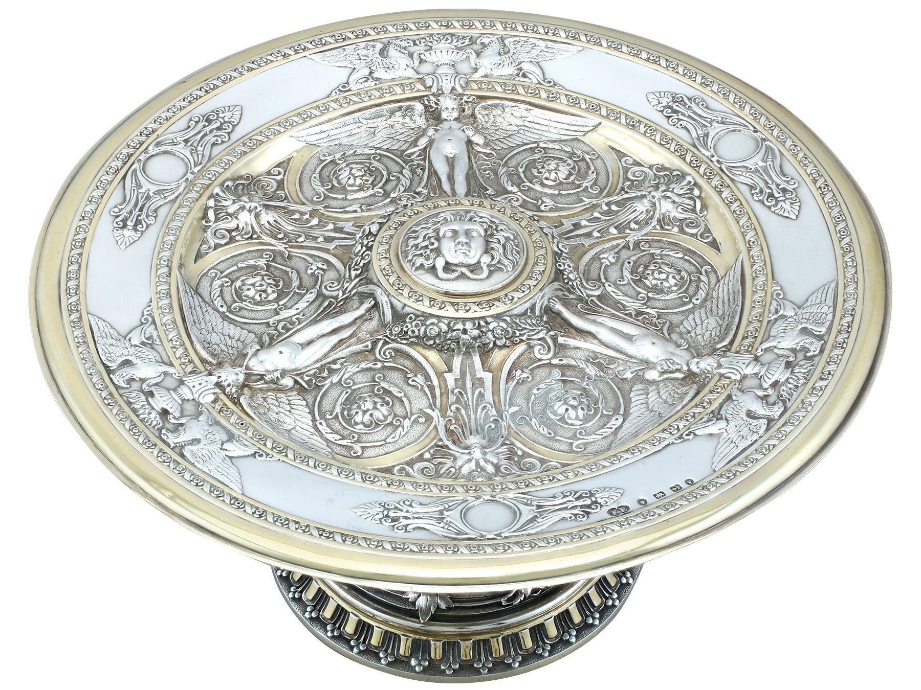 A magnificent, fine and impressive antique Victorian English sterling silver tazza with parcel gilt highlights; part of our ornamental silverware collection

Description

This exceptional antique Victorian sterling silver tazza has a plain