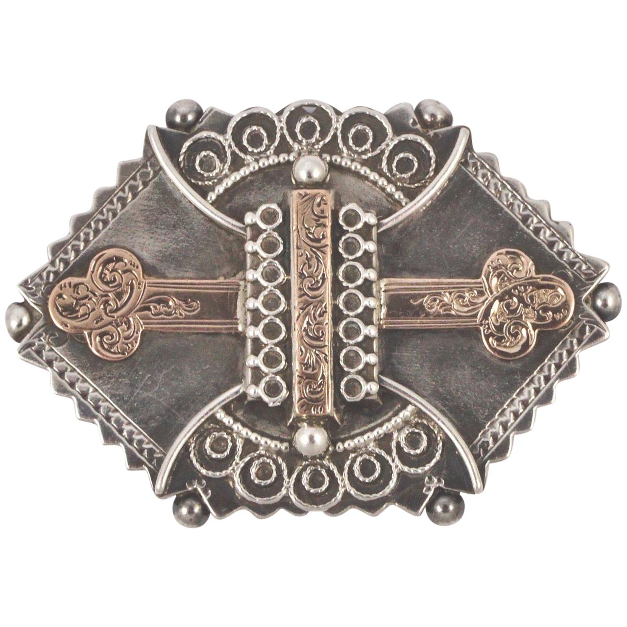 Antique Victorian Sterling Silver and Rose Gold Ornate Engraved Brooch For Sale