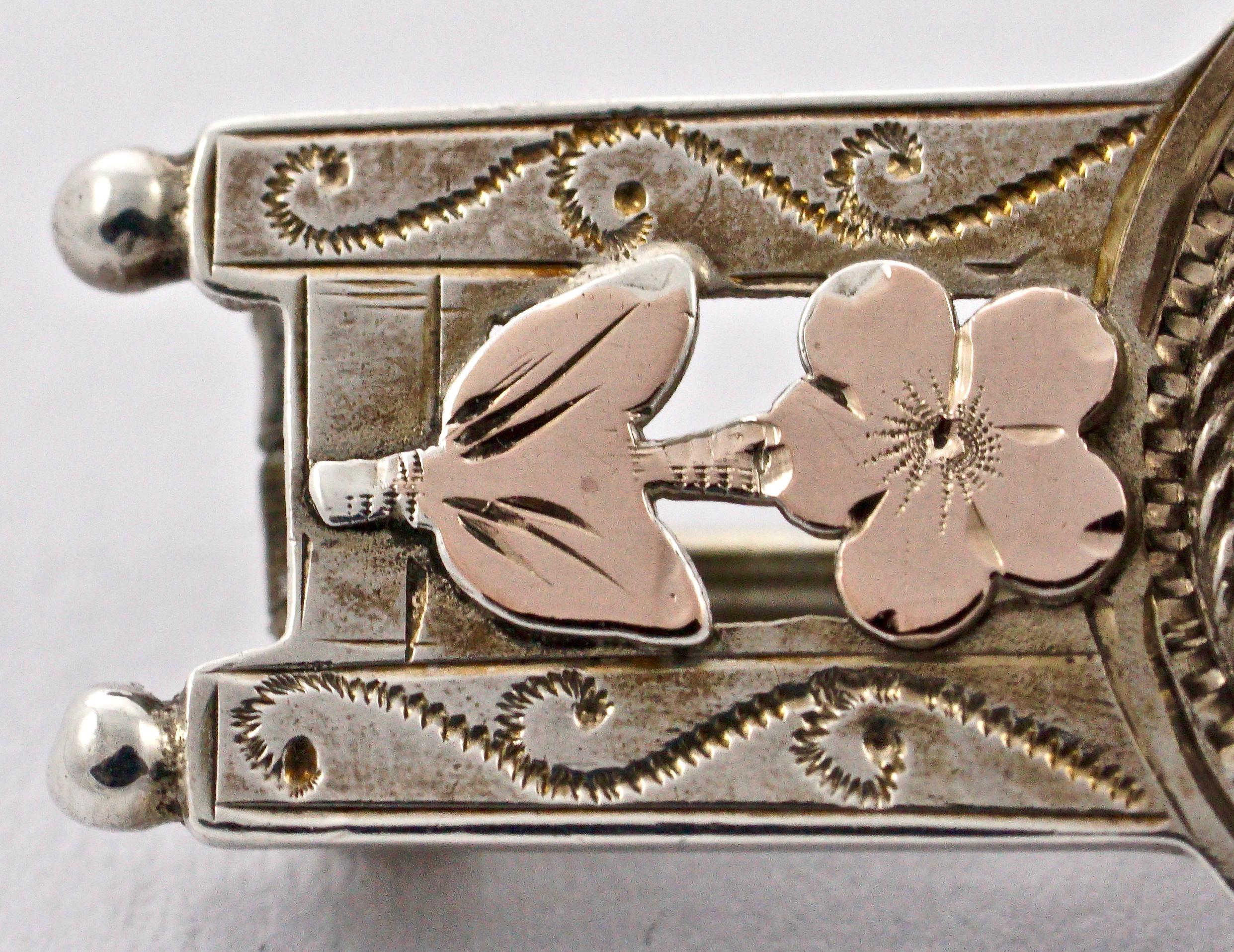 Women's or Men's Antique Victorian Sterling Silver and Gold Vase and Flower Bar Brooch For Sale