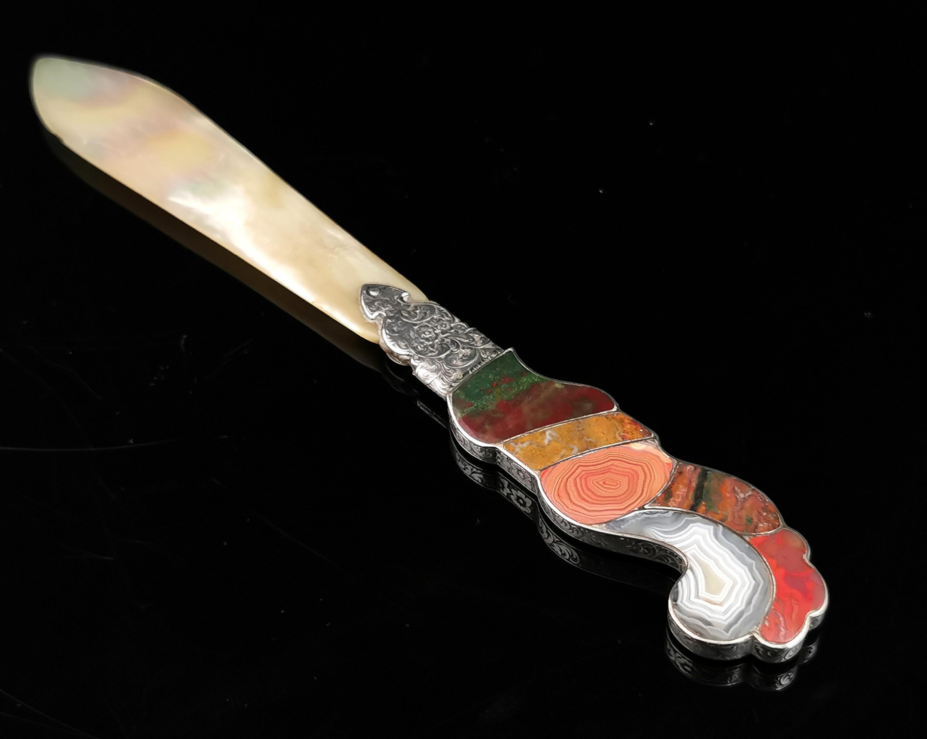 British Antique Victorian Sterling Silver and Scottish Agate Letter Opener