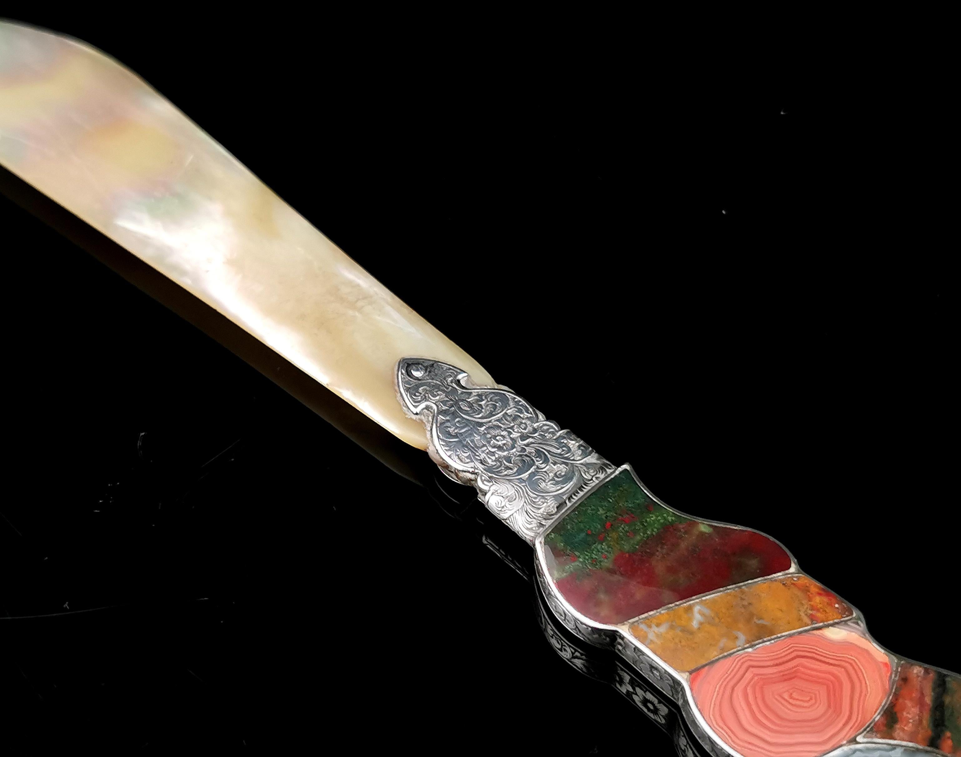 Antique Victorian Sterling Silver and Scottish Agate Letter Opener In Fair Condition In NEWARK, GB