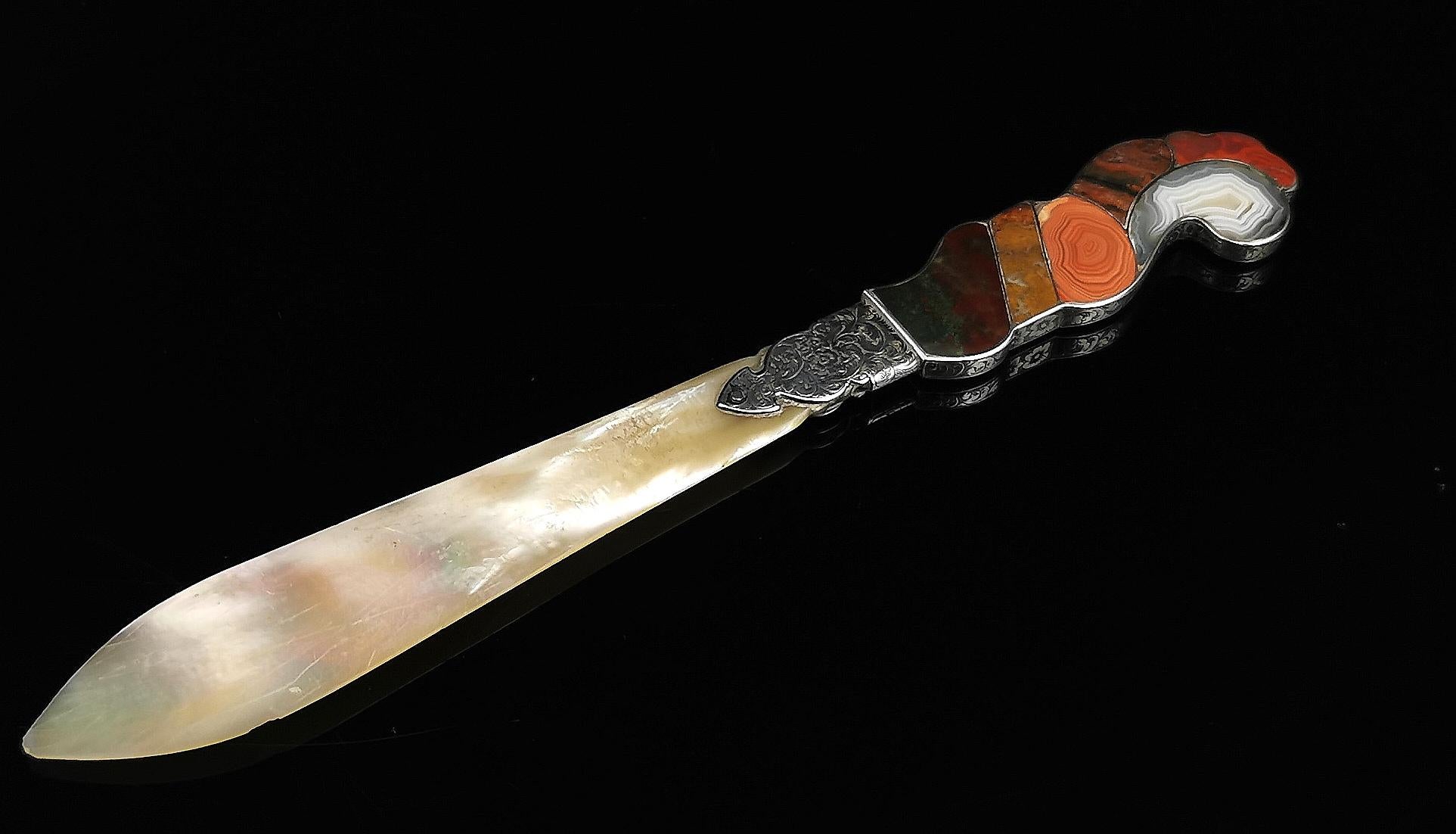 19th Century Antique Victorian Sterling Silver and Scottish Agate Letter Opener