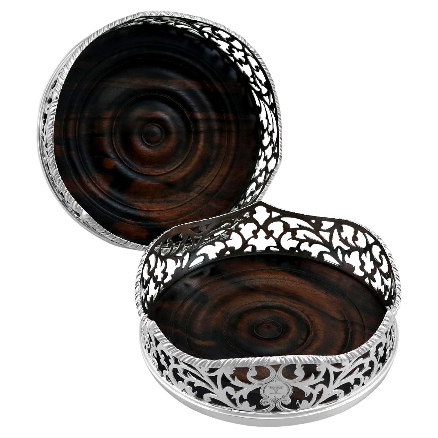 Antique Victorian Sterling Silver and Walnut Wood Coasters