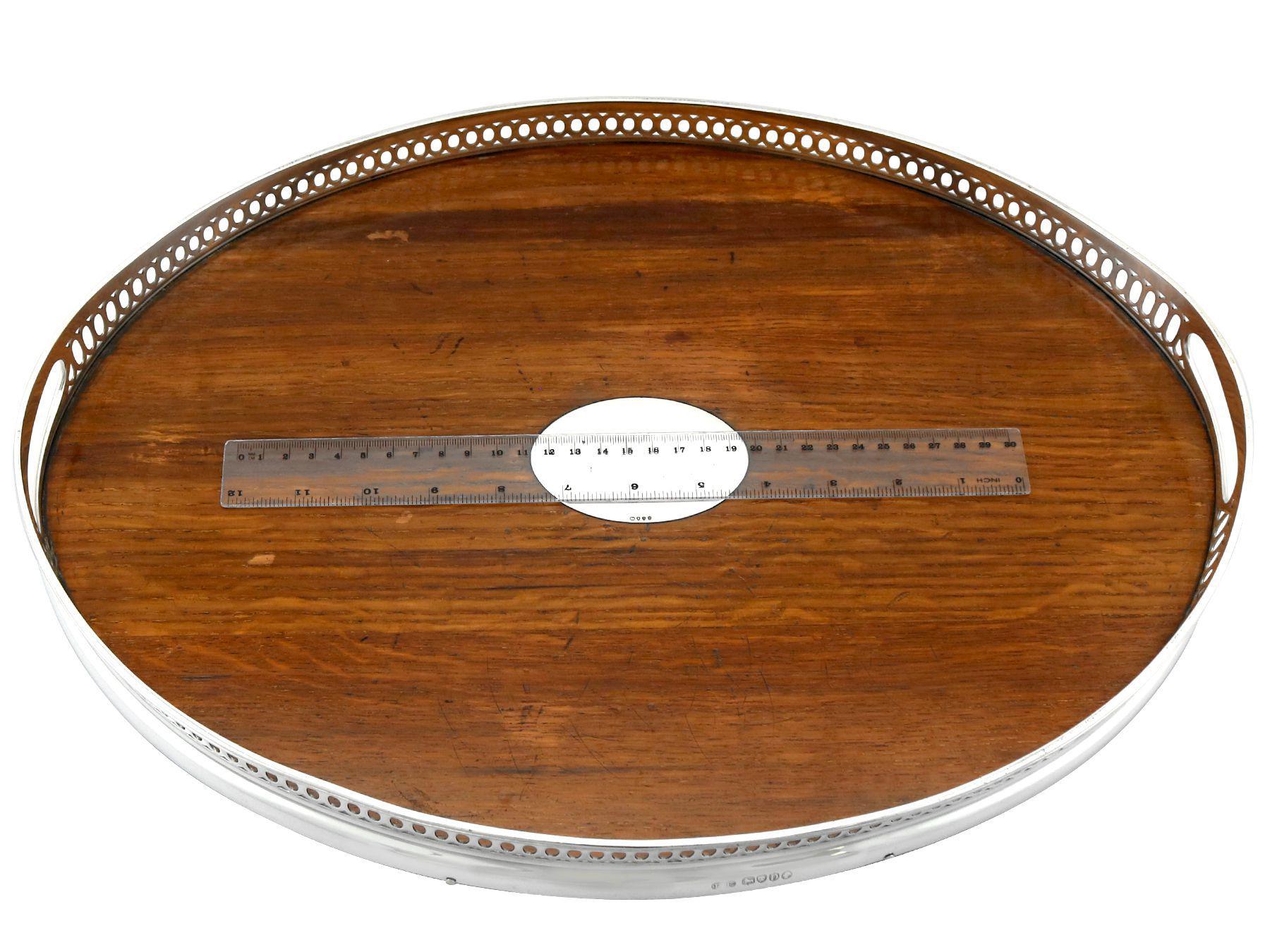 Antique Victorian Sterling Silver and Oak Wood Galleried Tray 1879 For Sale 2