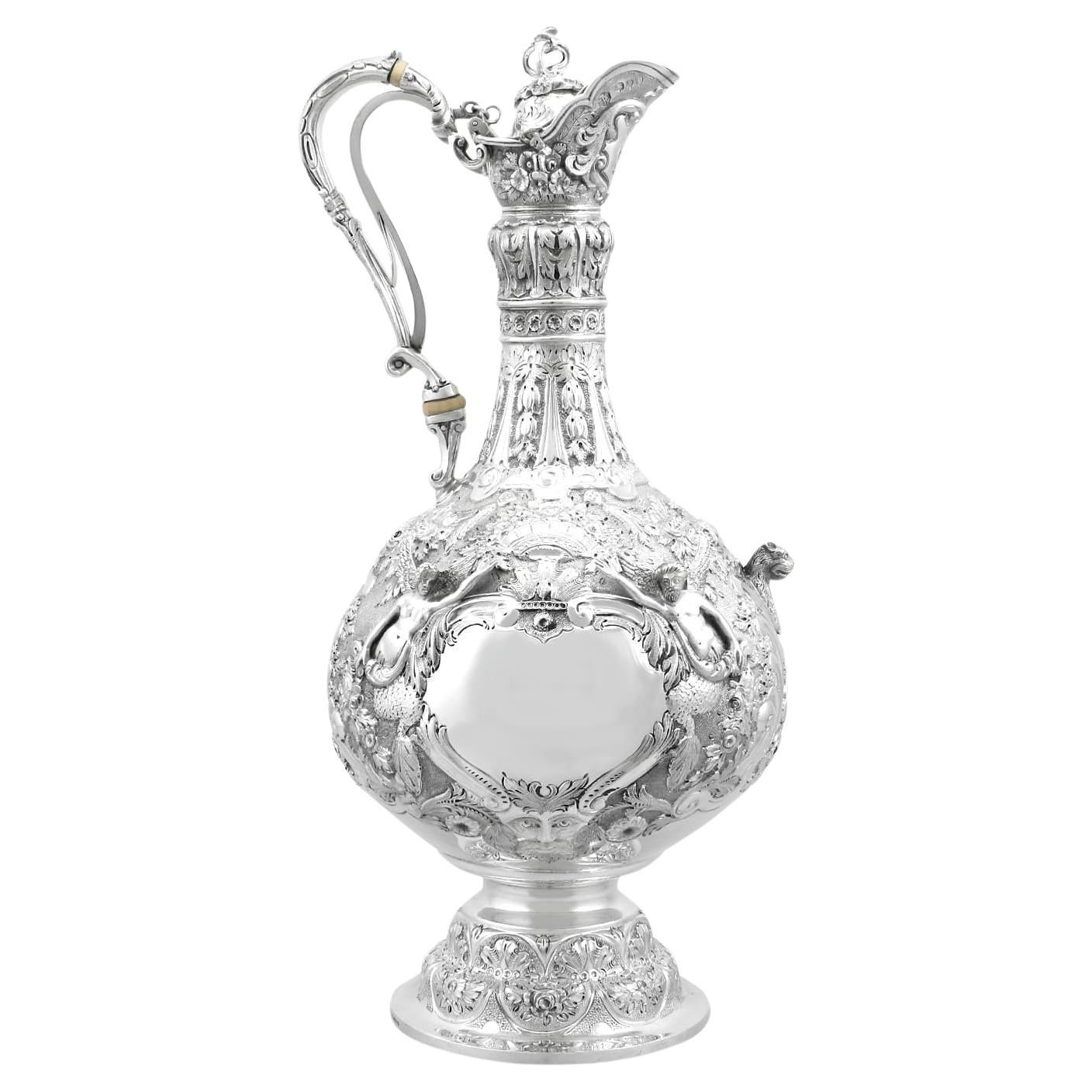 Victorian Sterling Silver Jug in The Armada Style For Sale