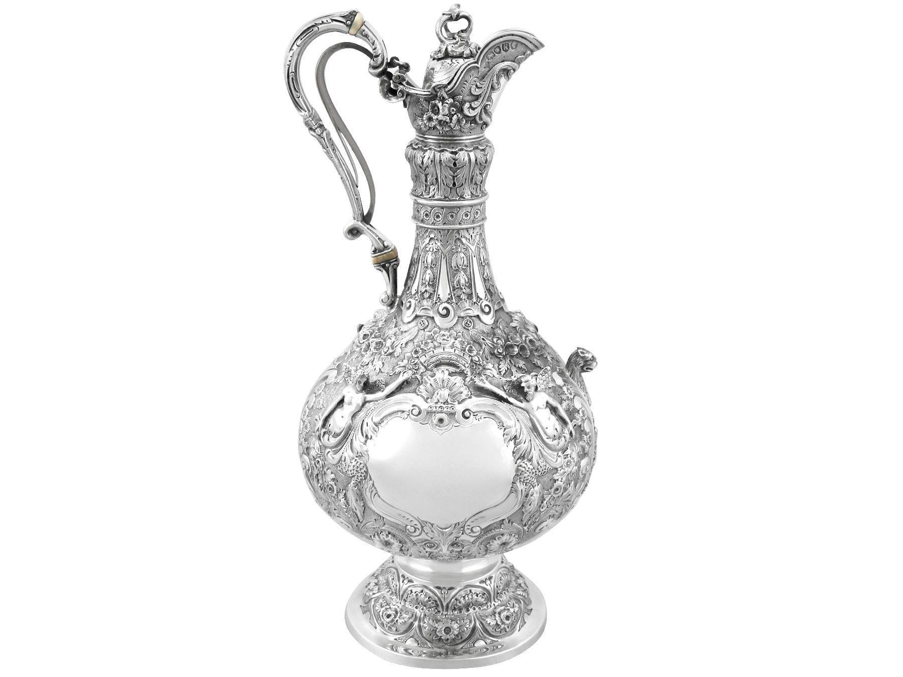Late 19th Century Antique Victorian Sterling Silver Armada Jug and Stand For Sale