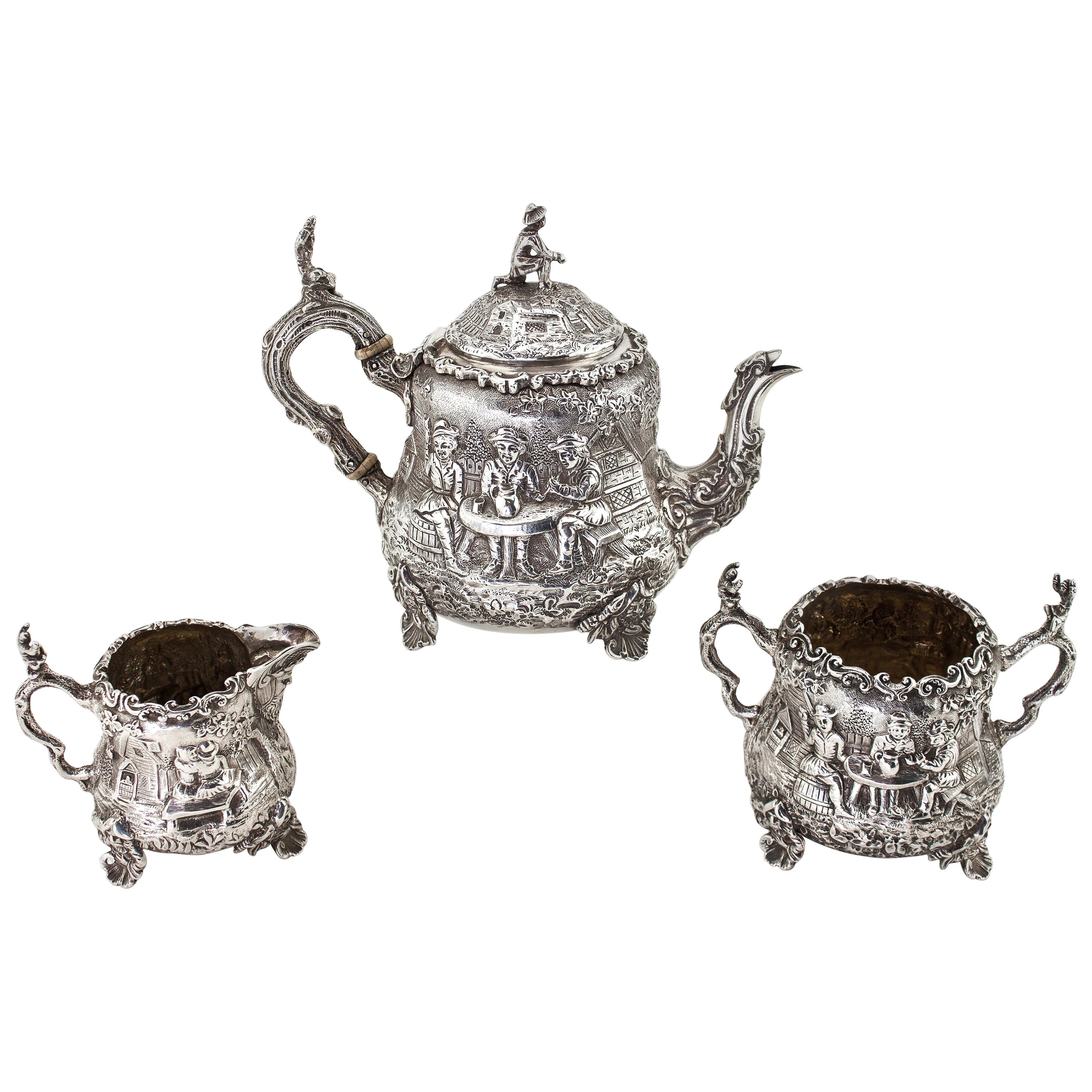 Antique Victorian Sterling Silver Bachelor Three-Piece Tea Set, London, 1886