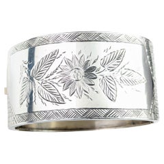 Used Victorian Sterling Silver Bangle, Chunky, Sunflower