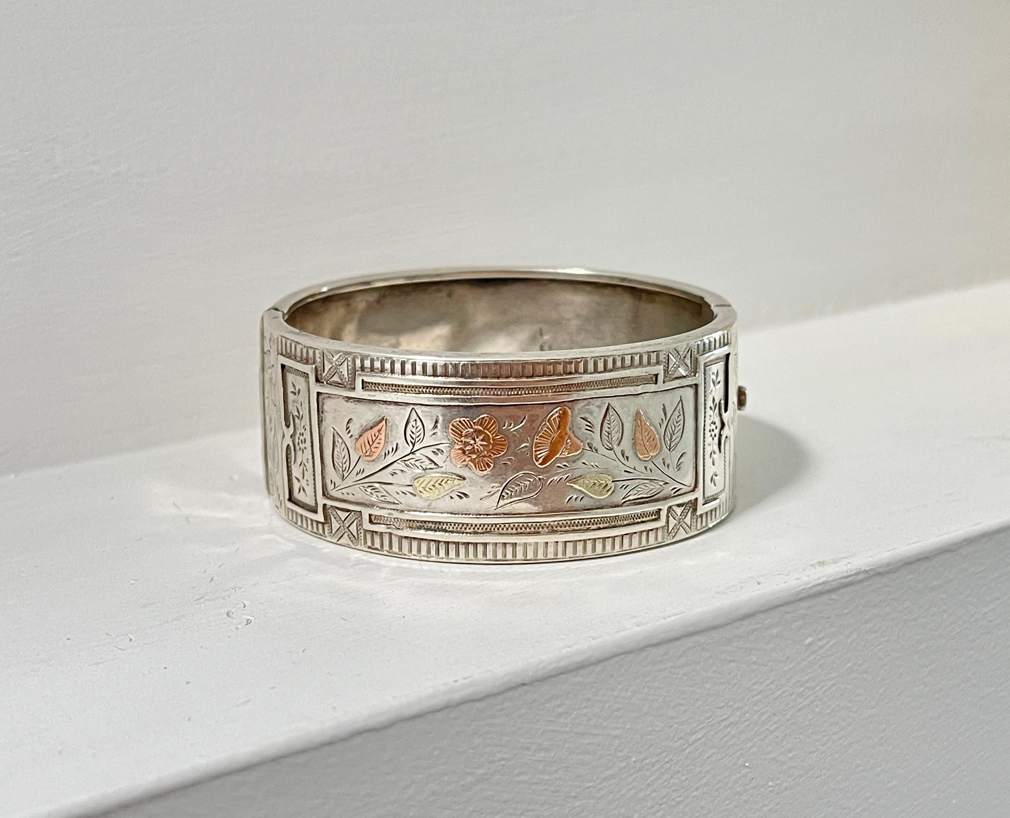 Antique Victorian Sterling Silver Bangle Hallmarked Birmingham 1884 Gold Inlay For Sale 6