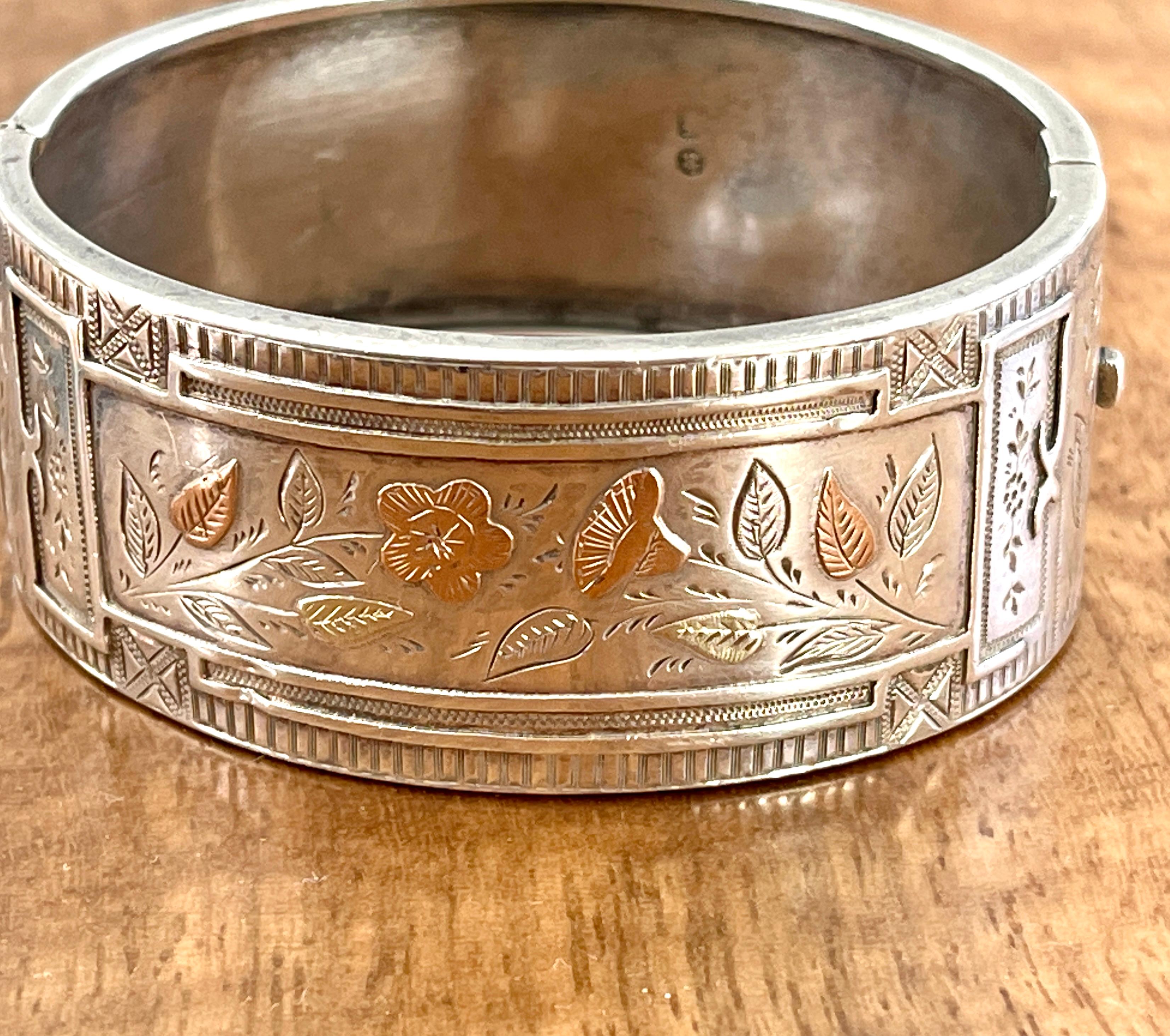 Antique Victorian Sterling Silver Bangle Hallmarked Birmingham 1884 Gold Inlay For Sale 7