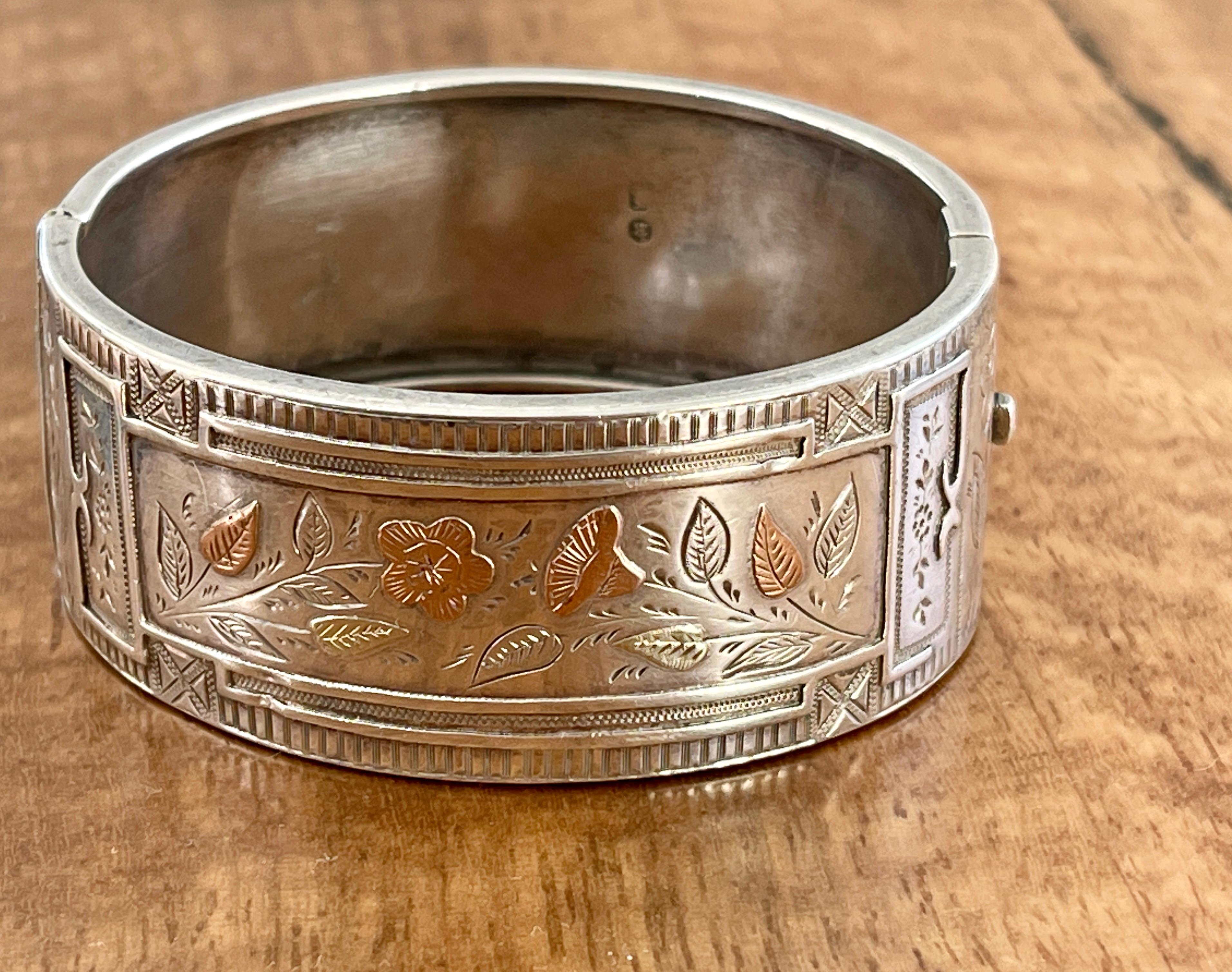 Antique Victorian Sterling Silver Bangle Hallmarked Birmingham 1884 Gold Inlay For Sale 8
