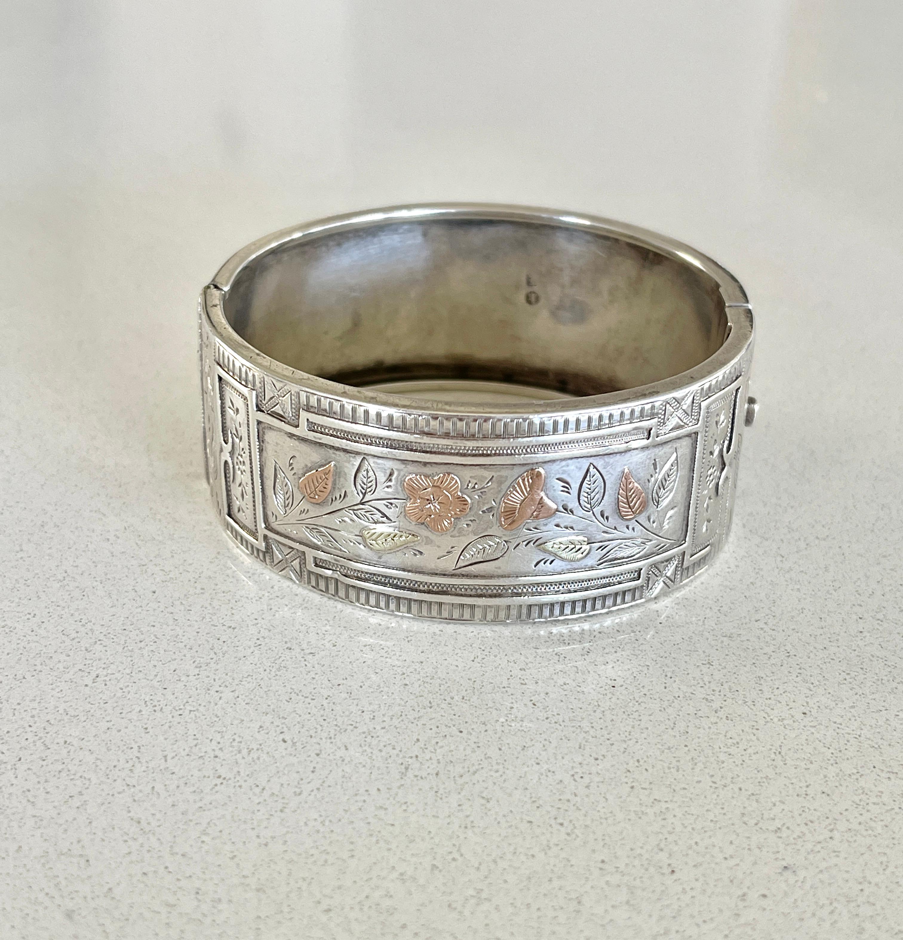 Antique Victorian Sterling Silver Bangle Hallmarked Birmingham 1884 Gold Inlay For Sale 9