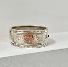 Antique Victorian Sterling Silver Bangle Hallmarked Birmingham 1884 Gold Inlay