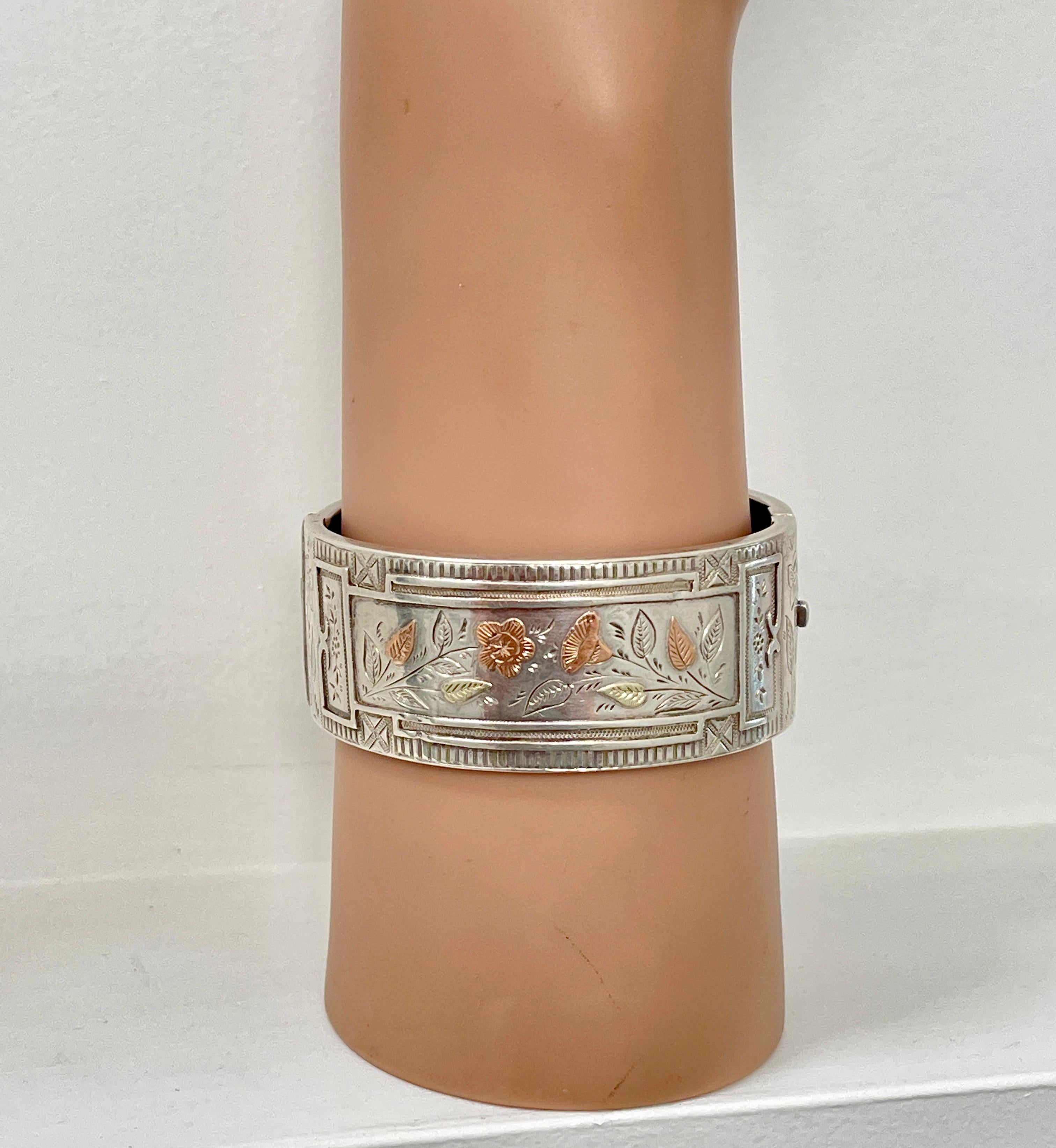 Women's Antique Victorian Sterling Silver Bangle Hallmarked Birmingham 1884 Gold Inlay For Sale