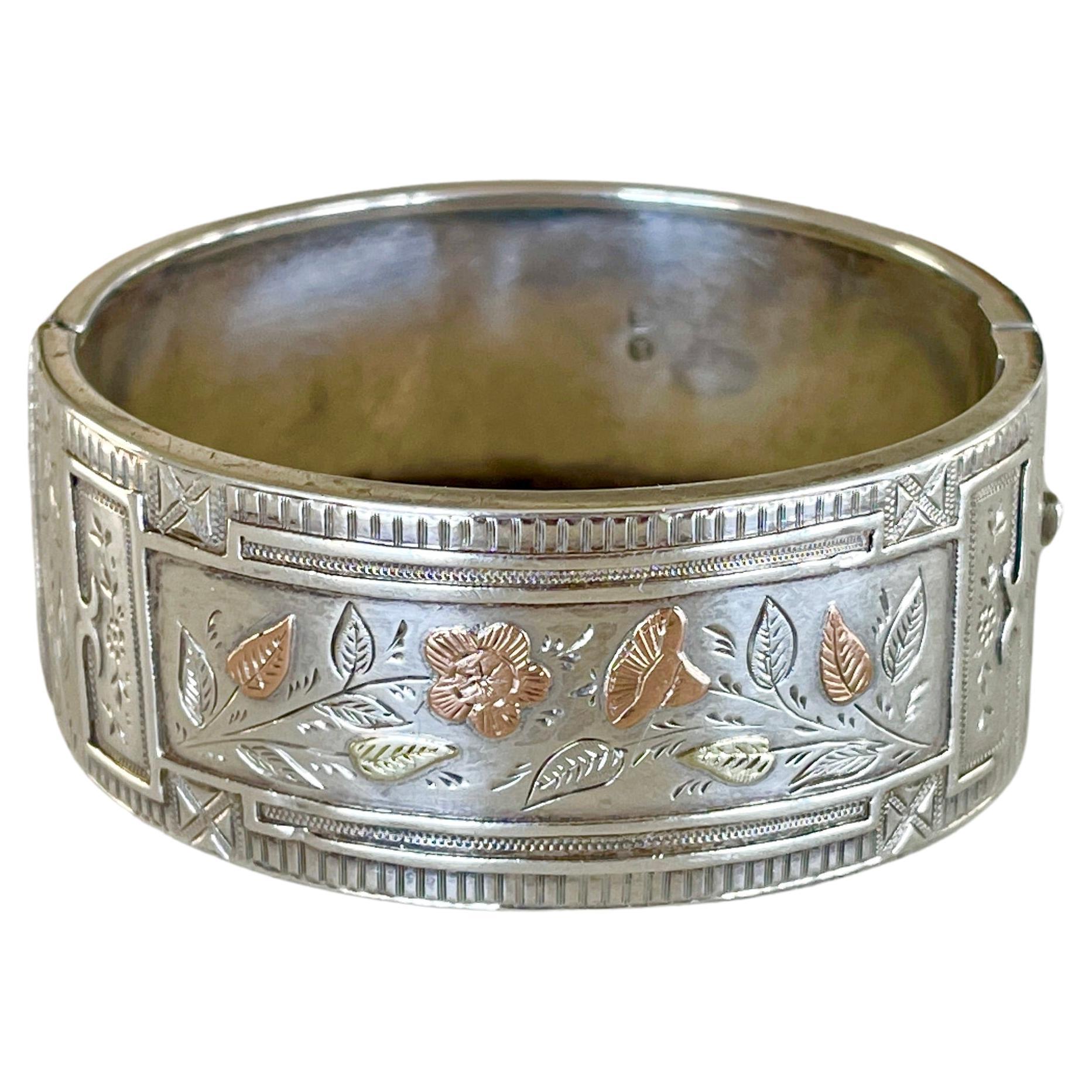 Antique Victorian Sterling Silver Bangle Hallmarked Birmingham 1884 Gold Inlay For Sale