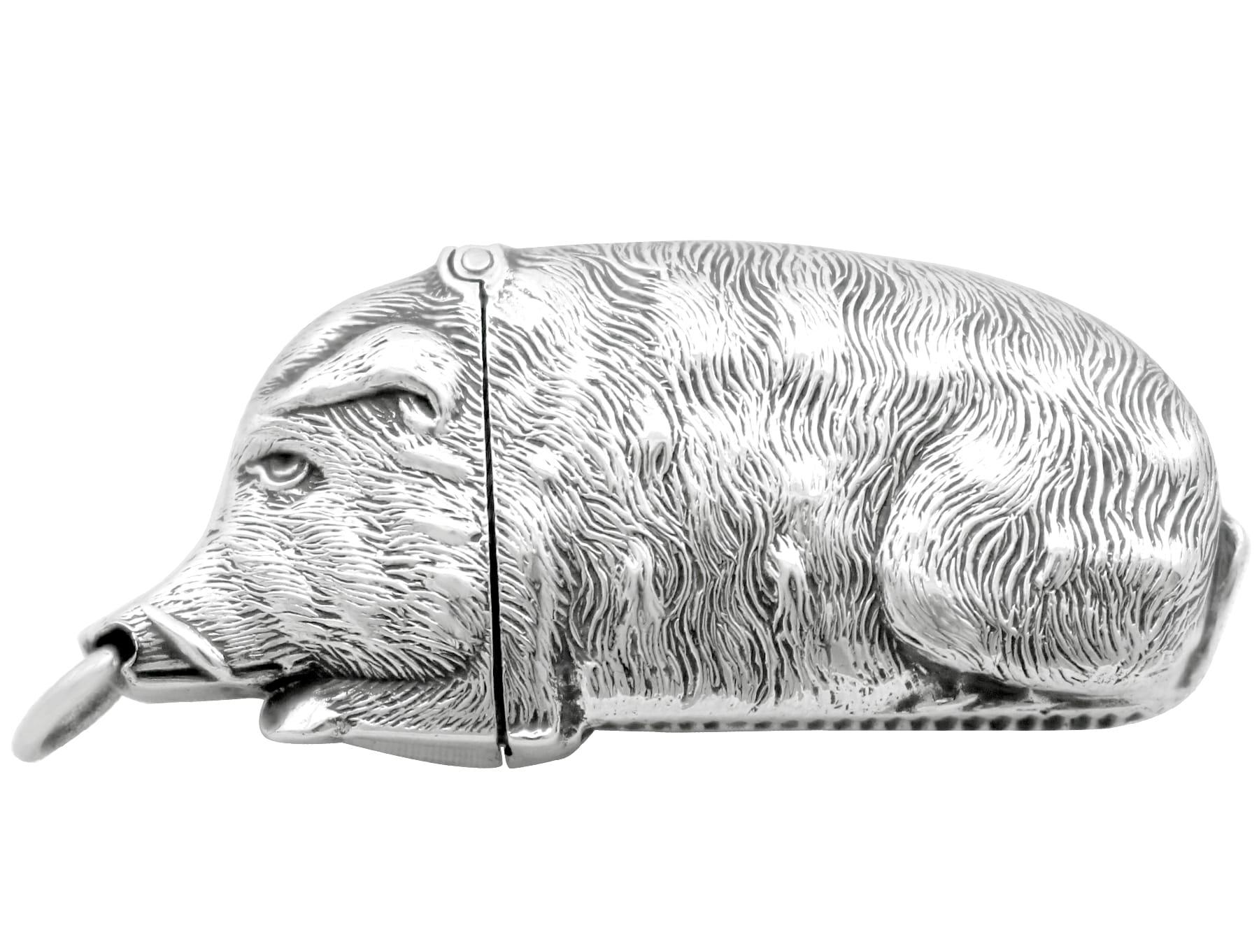 An exceptional, fine and impressive, rare antique Victorian English sterling silver vesta case modelled in the form of a boar; an addition to our ornamental silverware collection

This exceptional antique Victorian sterling silver vesta case has