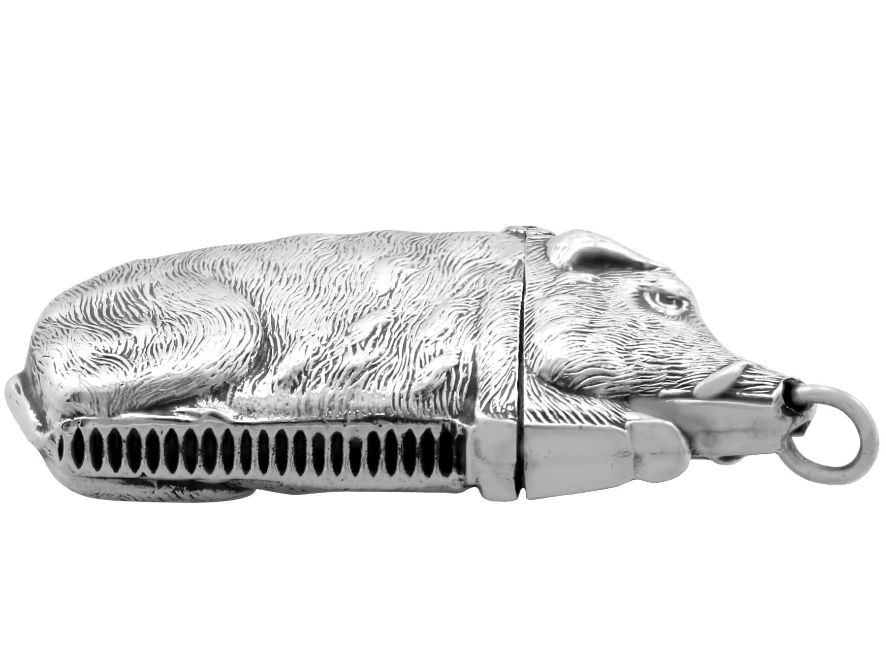 English Antique Victorian Sterling Silver Boar Vesta Case For Sale