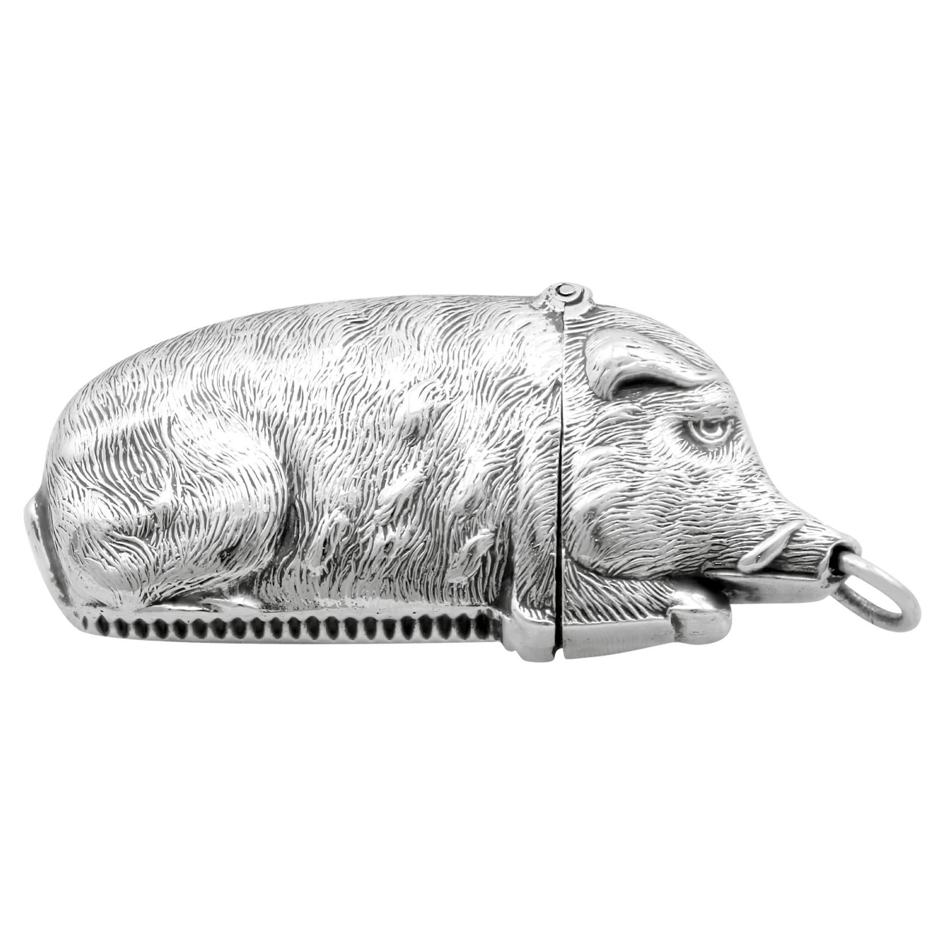 Antique Victorian Sterling Silver Boar Vesta Case For Sale