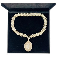 Antique Victorian Sterling Silver Book Chain Necklace with Original Oval Locket