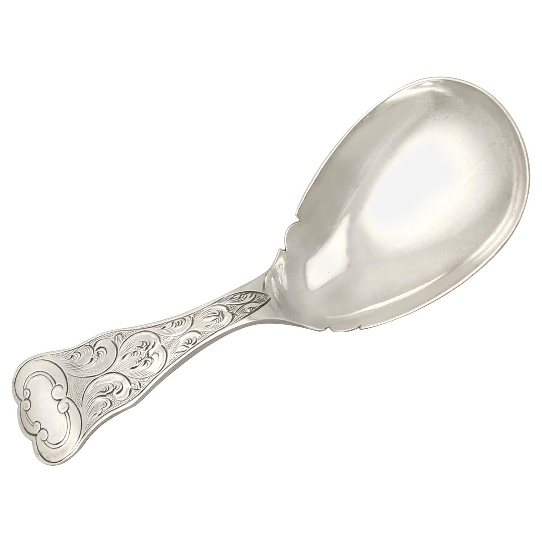 A fine and impressive antique Victorian English sterling silver caddy spoon, an addition to our teaware collection.

This fine antique Victorian sterling silver caddy spoon has a plain oval rounded bowl with a shaped rim.

The kings pattern