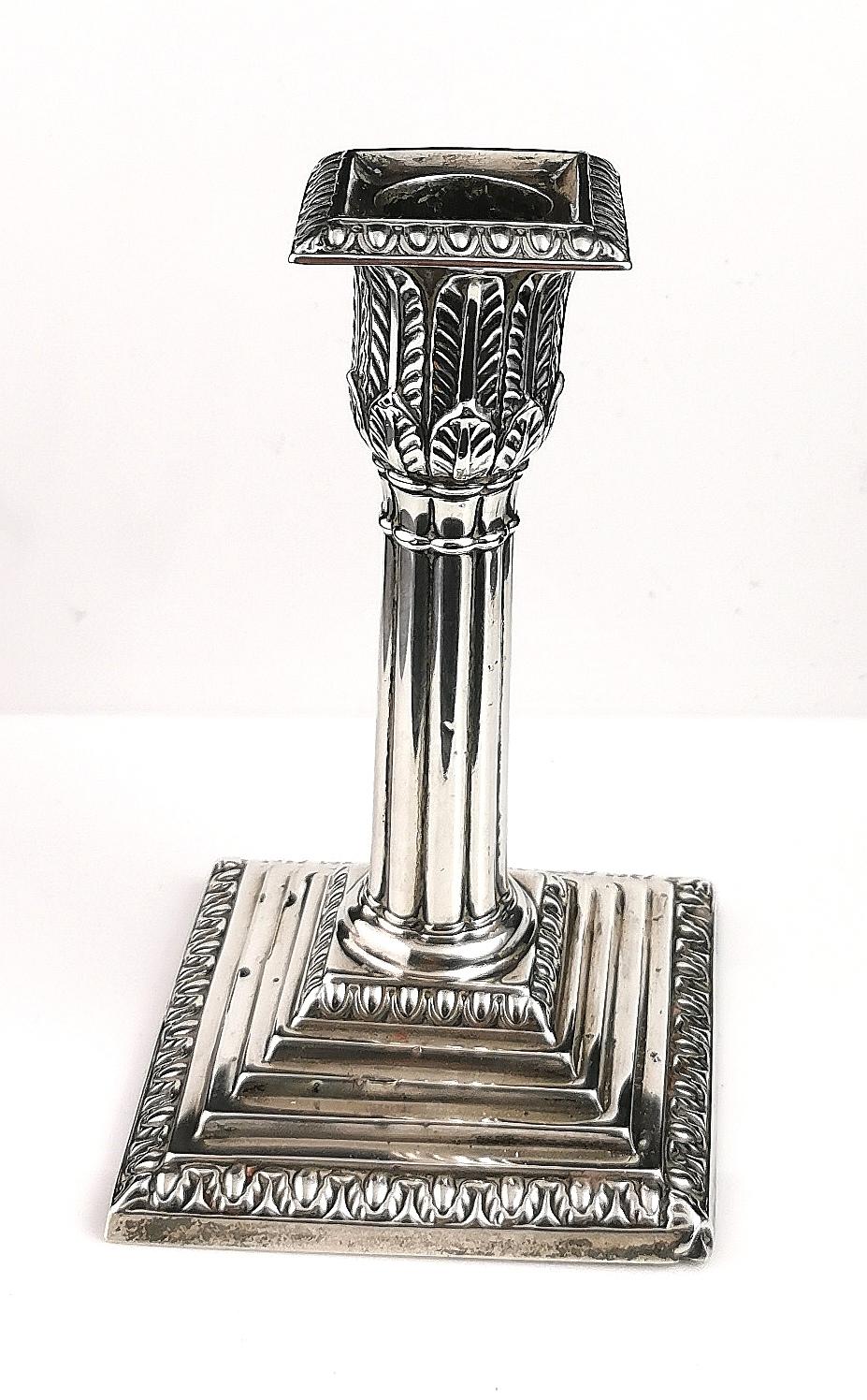 British Antique Victorian Sterling Silver Candlestick, Corinthian Column For Sale