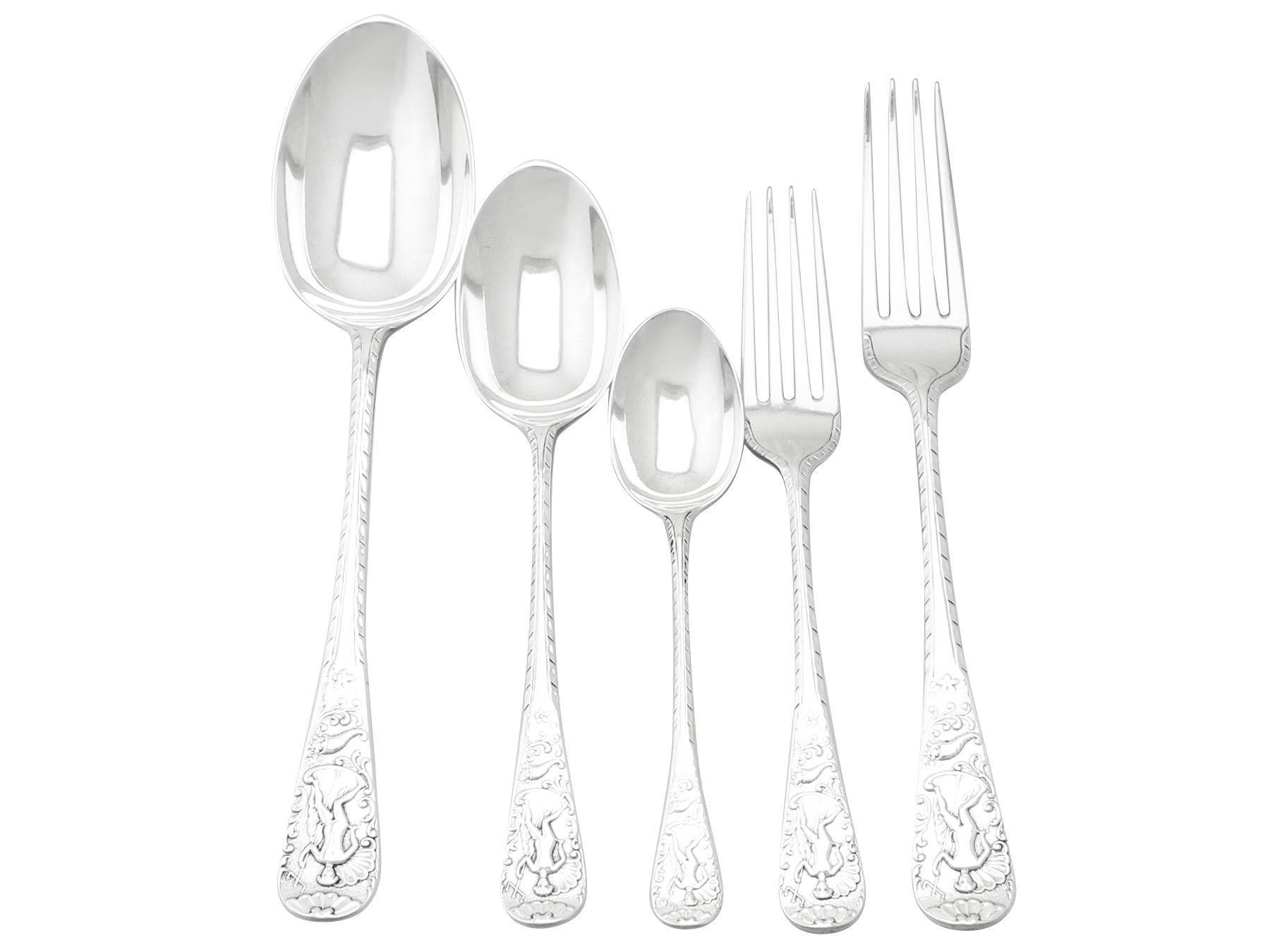 An exceptional, fine and impressive, rare antique Victorian English sterling silver Triton pattern flatware service for six persons; an addition to our dining silverware collection

The pieces of this exceptional antique Victorian sterling silver