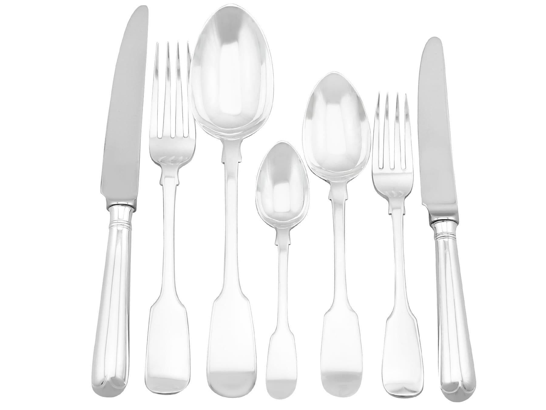A fine and impressive antique Victorian English sterling silver composite Fiddle pattern flatware service for twelve persons; an addition to our silver cutlery collection.

The pieces of this exceptional, antique Victorian composite sterling silver