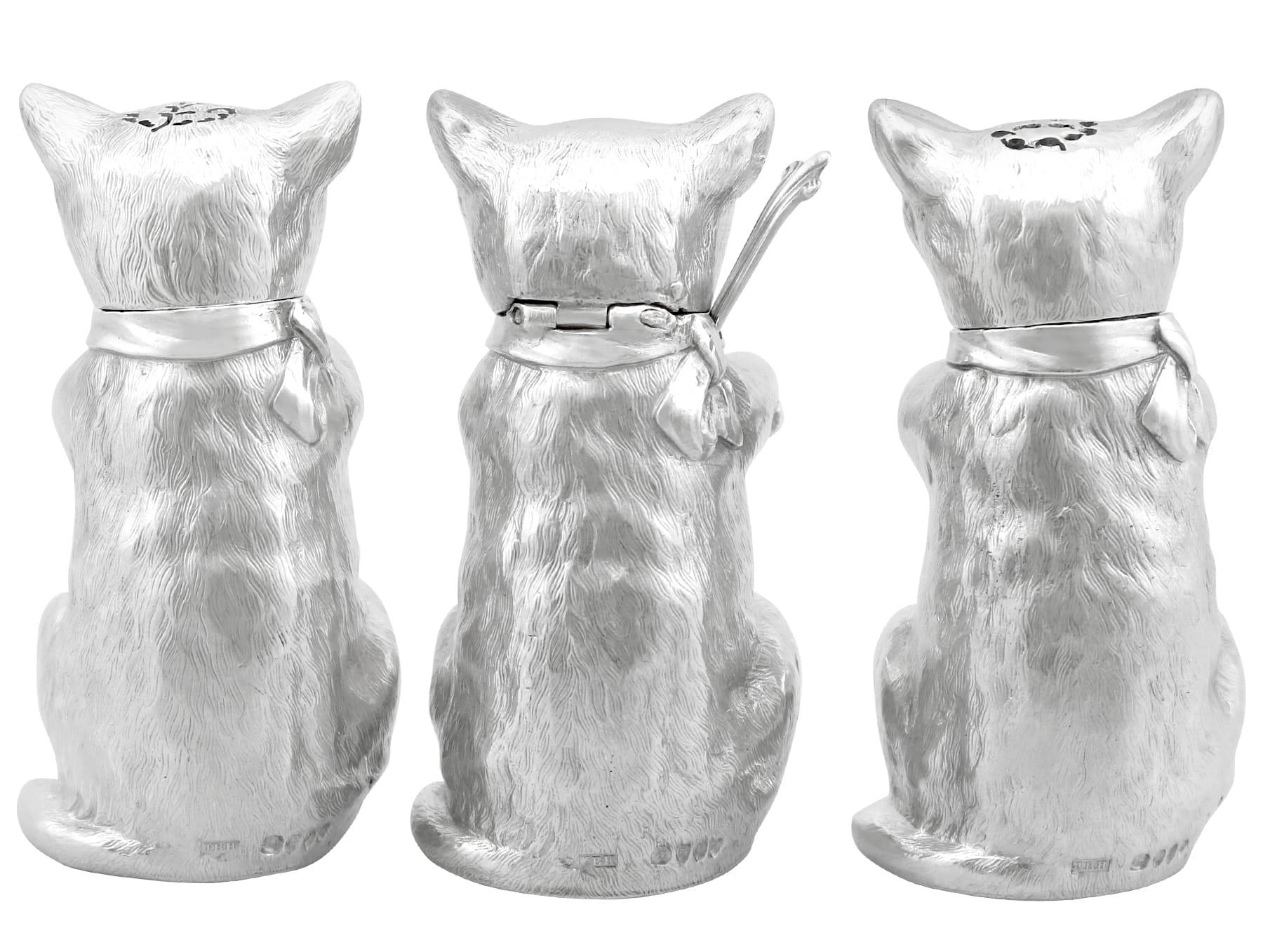 Late 19th Century Antique Victorian Sterling Silver Cat Condiment Set For Sale