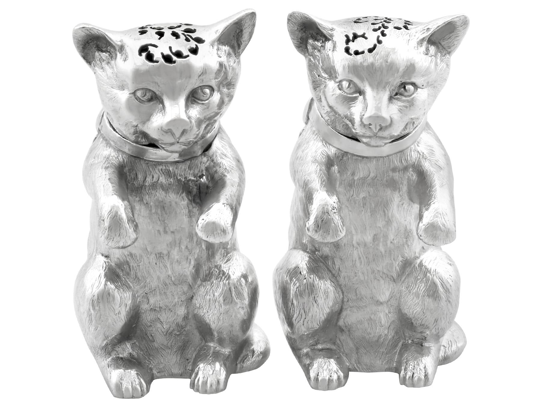 Late 19th Century Antique Victorian Sterling Silver Cat Condiment Set For Sale