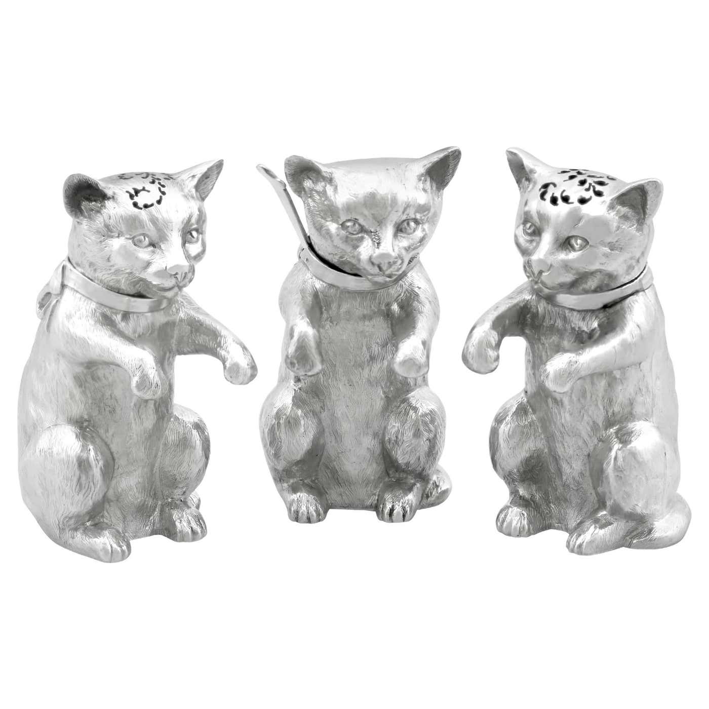 Antique Victorian Sterling Silver Cat Condiment Set For Sale at 1stDibs