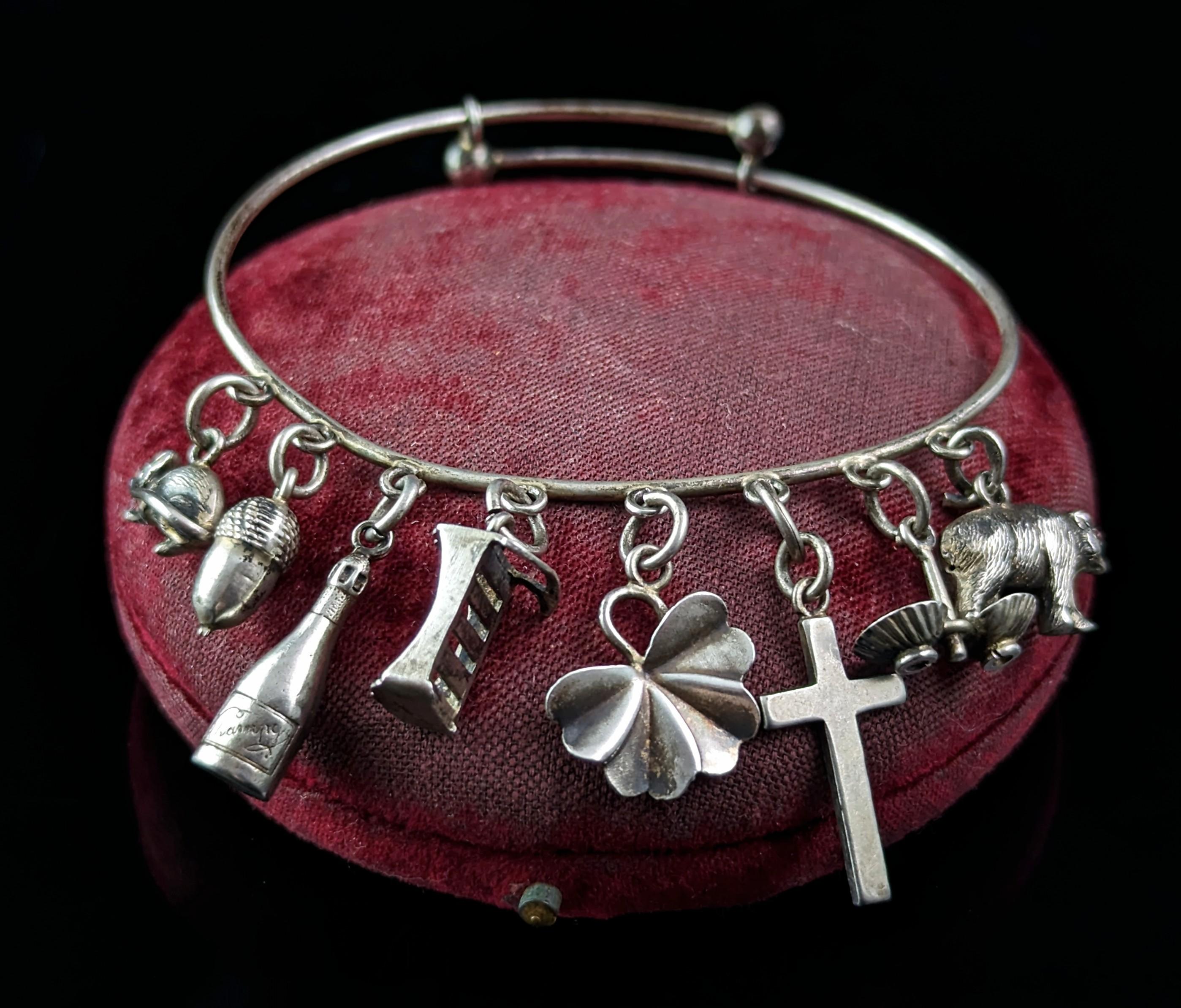Antique Victorian sterling silver charm bracelet, bangle, Charms  6