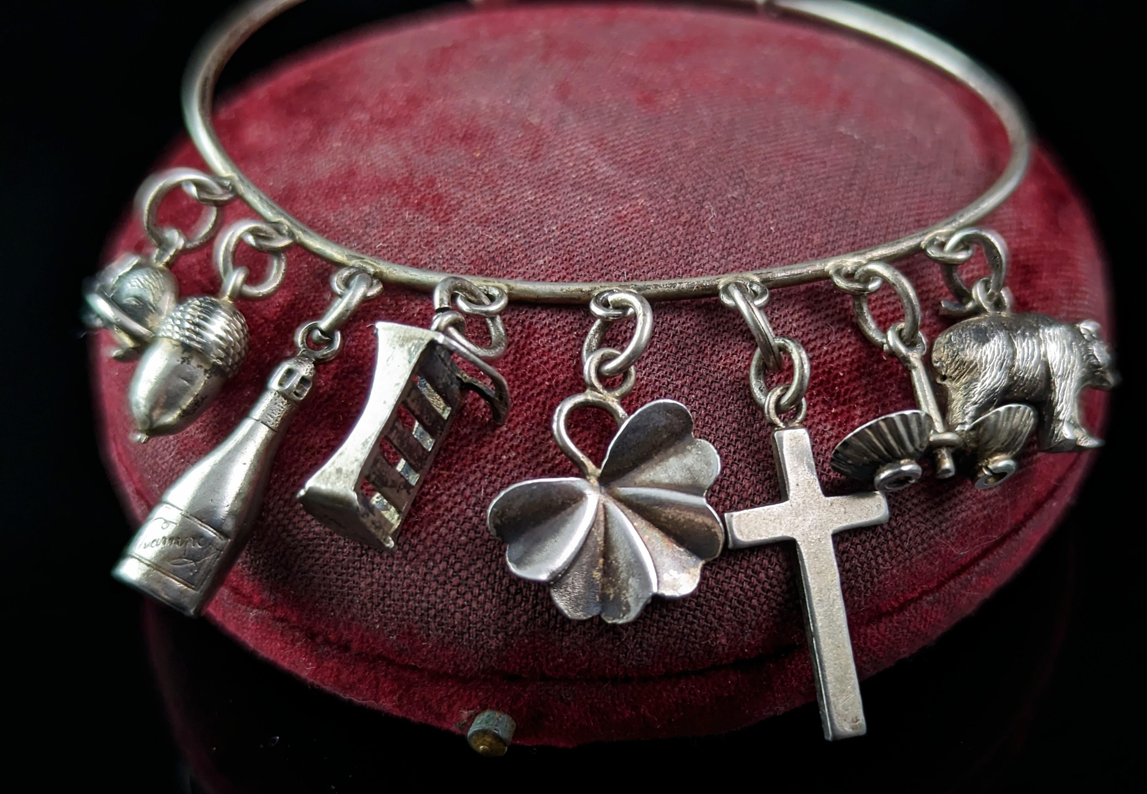 Women's Antique Victorian sterling silver charm bracelet, bangle, Charms 