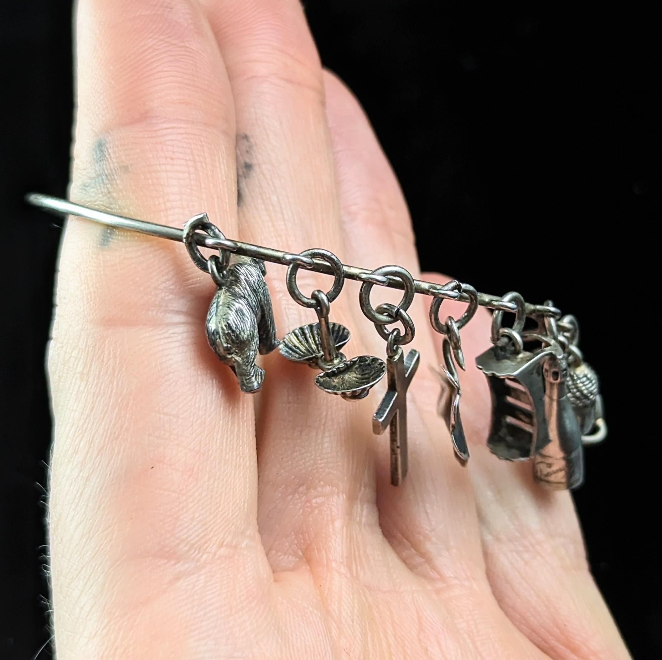 Antique Victorian sterling silver charm bracelet, bangle, Charms  2