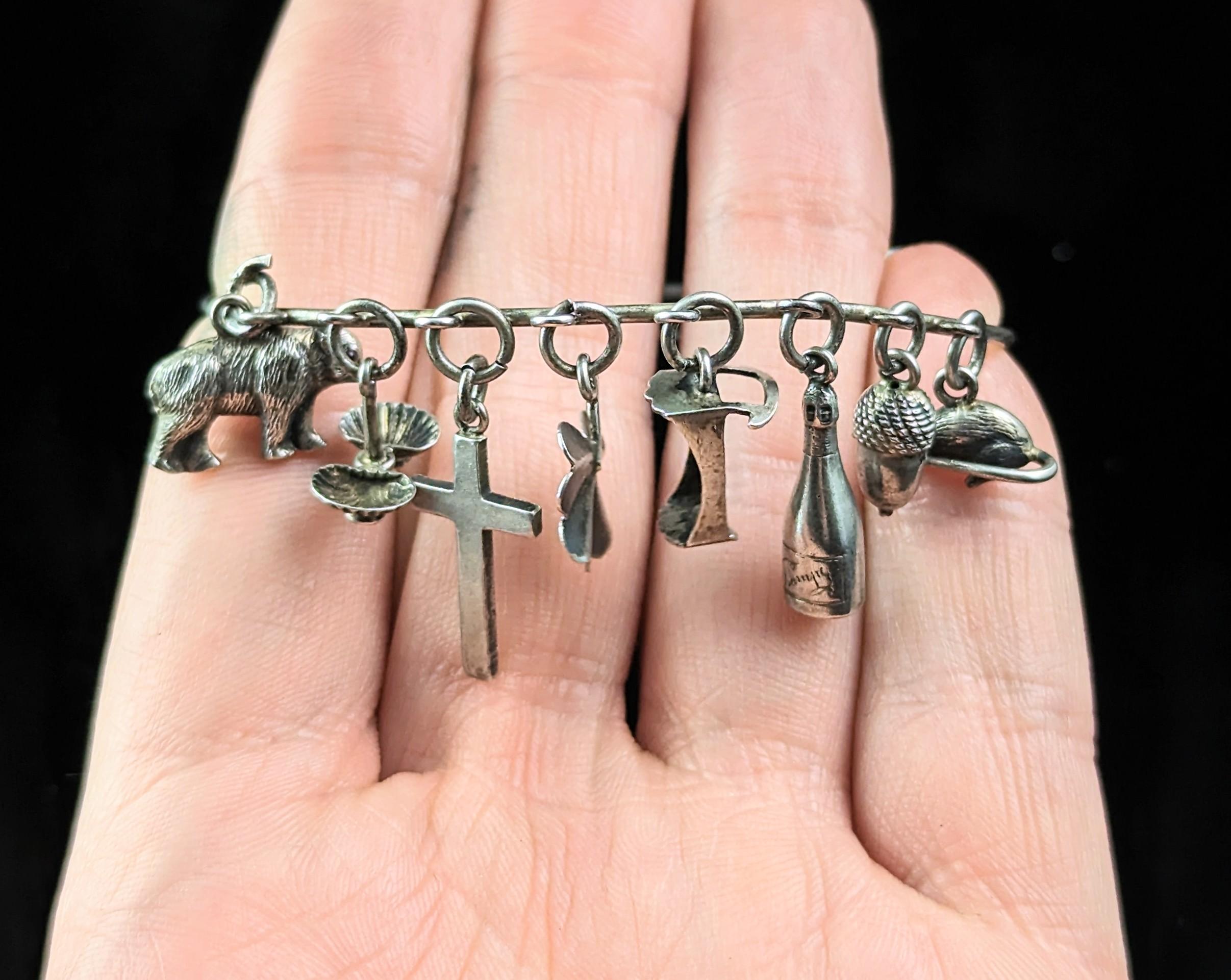 Antique Victorian sterling silver charm bracelet, bangle, Charms  4